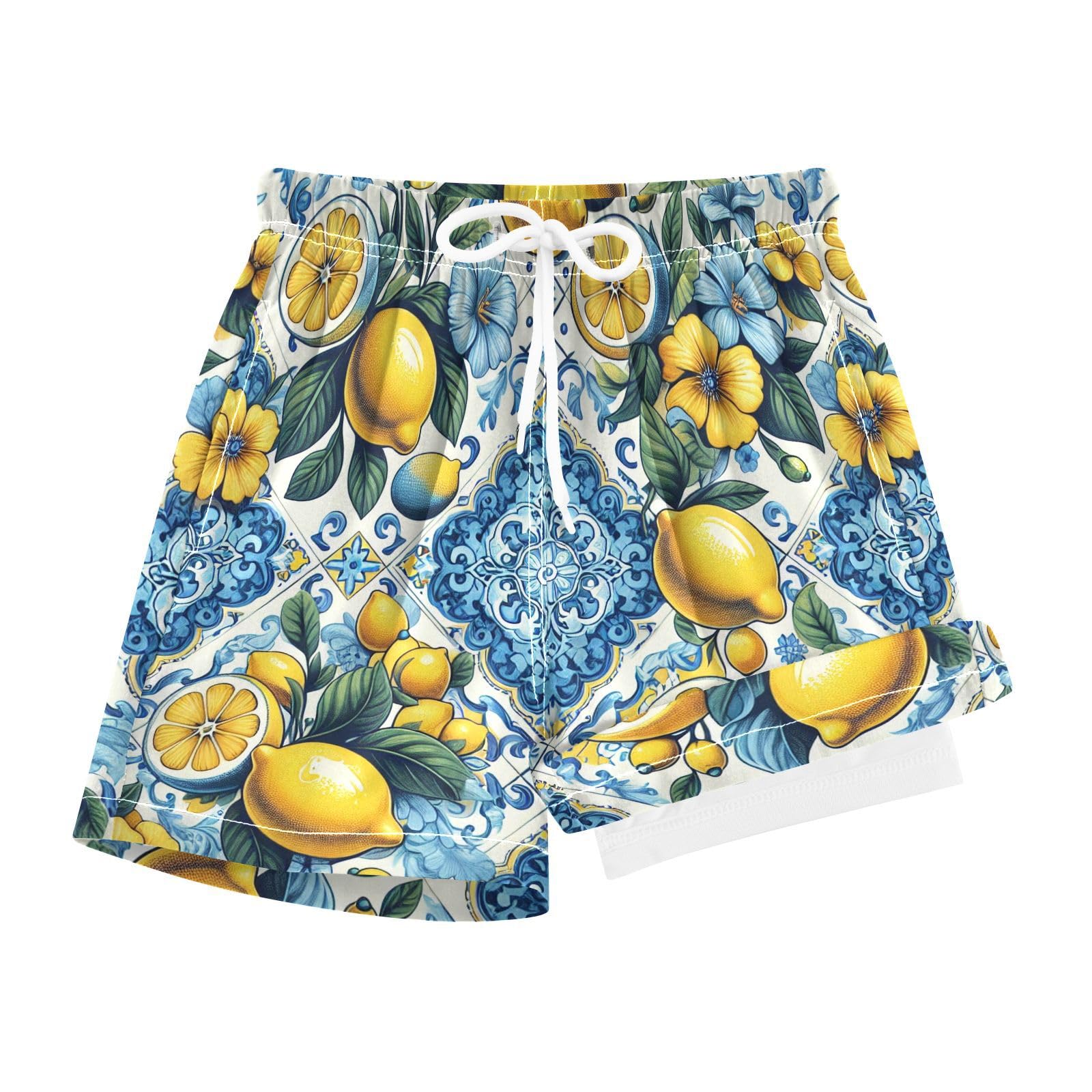 YANENDIE Boy Swim Trunks with Compression Liner Watercolor Lemon Tile Boys Swim Shorts Quick Dry Beach Shorts