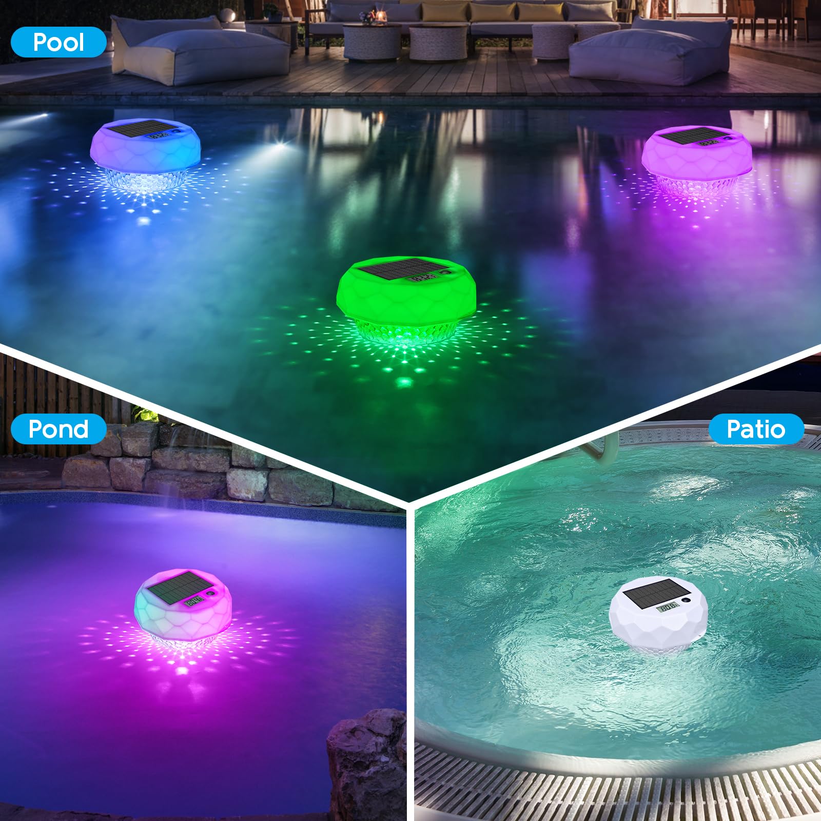 Qoolife Dosierschwimmer Pool mit Thermometer, Solarlicht LED 8 Farbmodi, Timer, wasserdichte, Pool Dosierer Chlorspender Pool Schwimmer mit Fernbedienung Einstellbar Faltbar Chlortabletten Dosierer