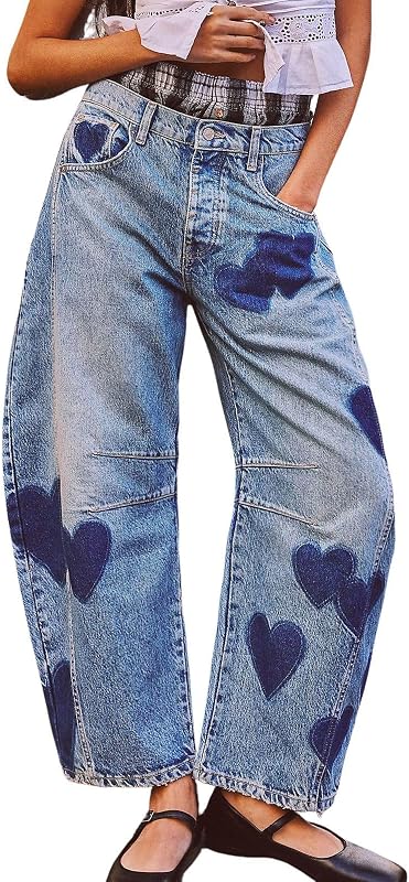 Women Baggy Mid Rise Barrel Jeans Wide Leg Floral Printed Y2k Denim Pants Boyfriend Jeans