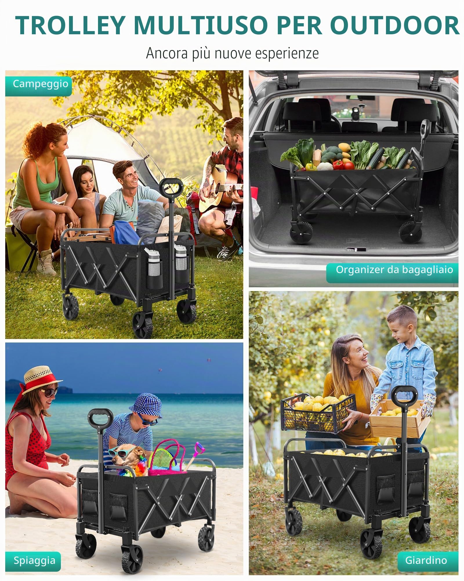 Carrello leggero pieghevole, manico regolabile, resistente, portabicchieri, portatile, compatto e salvaspazio, per campeggio, shopping, giardino, sport, spiaggia
