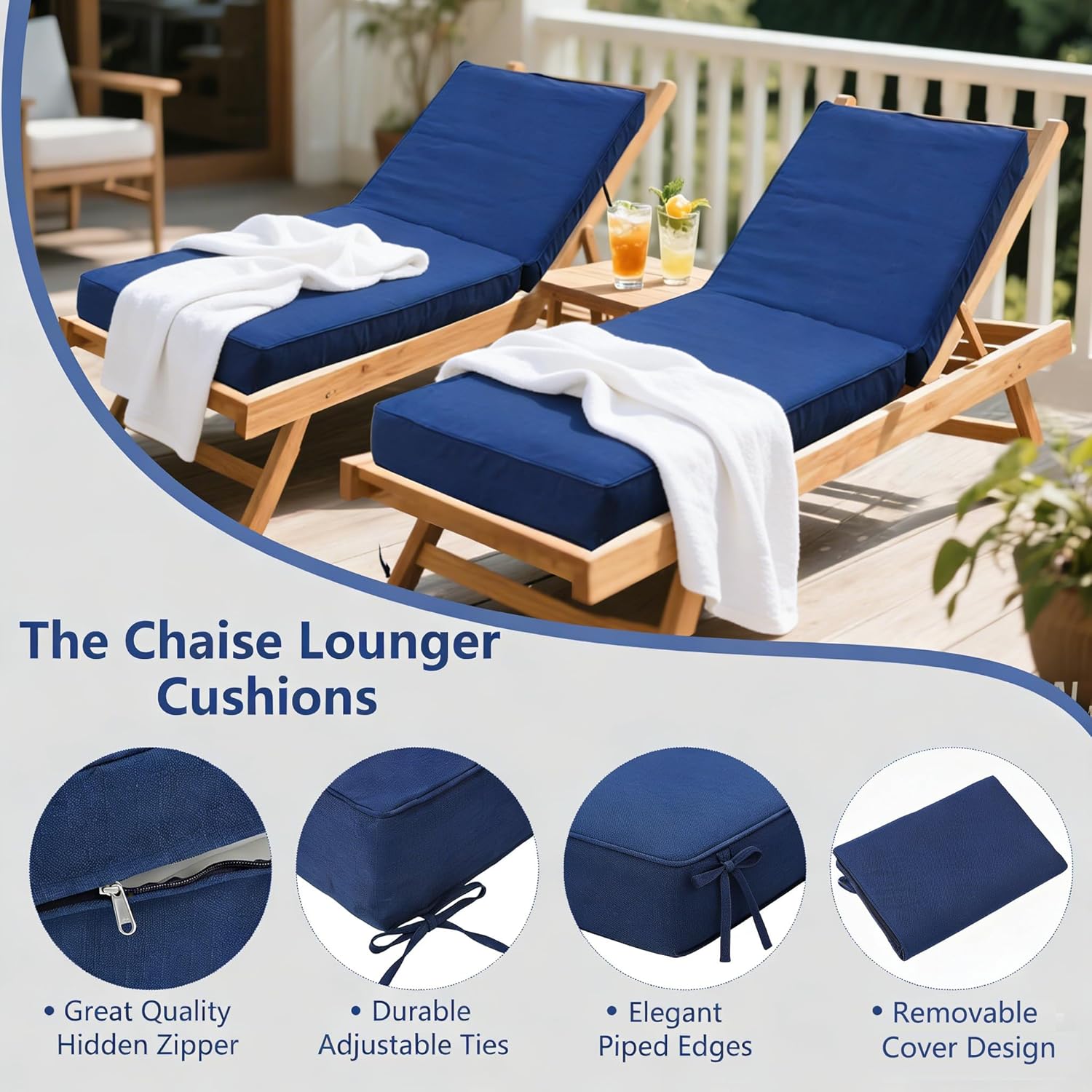 Outdoor Chaise Lounge Cushion 80"x26"x6", Waterproof 6" Extra Thickness Lounge Cushion with Removable Cover, Patio Lounge Chair Cushions Set of 2 for Outdoor Furniture, Navy Blue