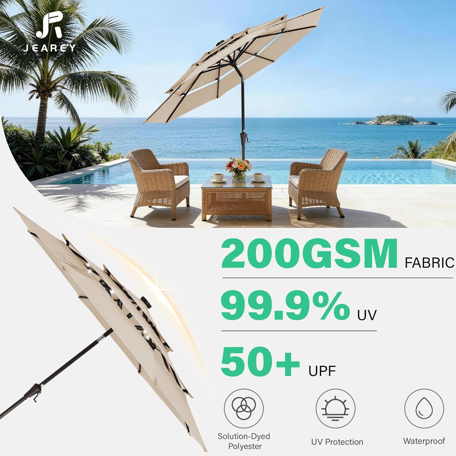 JEAREY 3 Tiers Patio Umbrella with Solar Lights 9ft Outdoor Market Table Umbrellas with Push Button Tilt for Outside Pool Garden, Tan