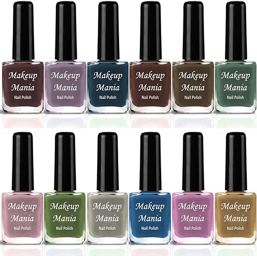Makeup Mania Non Toxic Ultra Lasting Super Glow Matte Finish Nail Polish Set Of 12 Pcs(#217)Pink, Green, Grey, Blue, Brow...