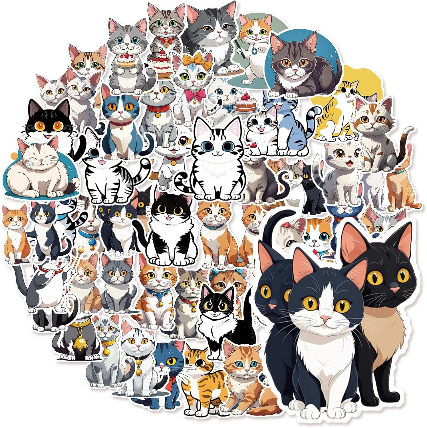 Cute Cat Stickers for Water Bottles 50Pcs Waterproof Vinyl Kawaii Stickers, Cartoon Cat Sticker Funny Kitty Decal Aesthetic Sticker for Laptops, Phone,Bicycle, Kids Teens Birthday