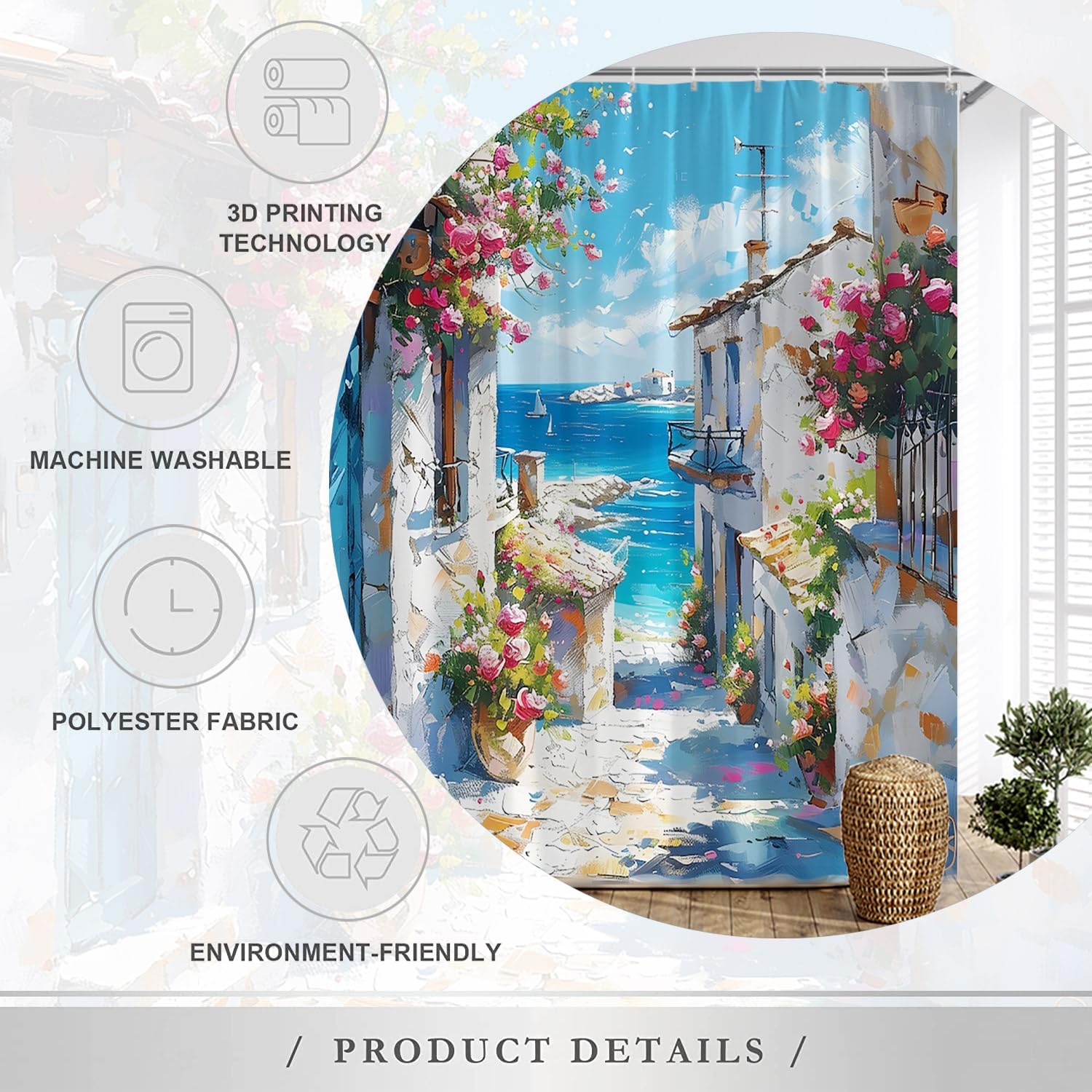 Coastal Landscape Shower Curtain Santorini Greece White Architecture Floral Vine Flower Mediterranean Natural Scenery Abstract Art Polyester Fabric Bathroom Decor Set with Hooks 70X90 Inch