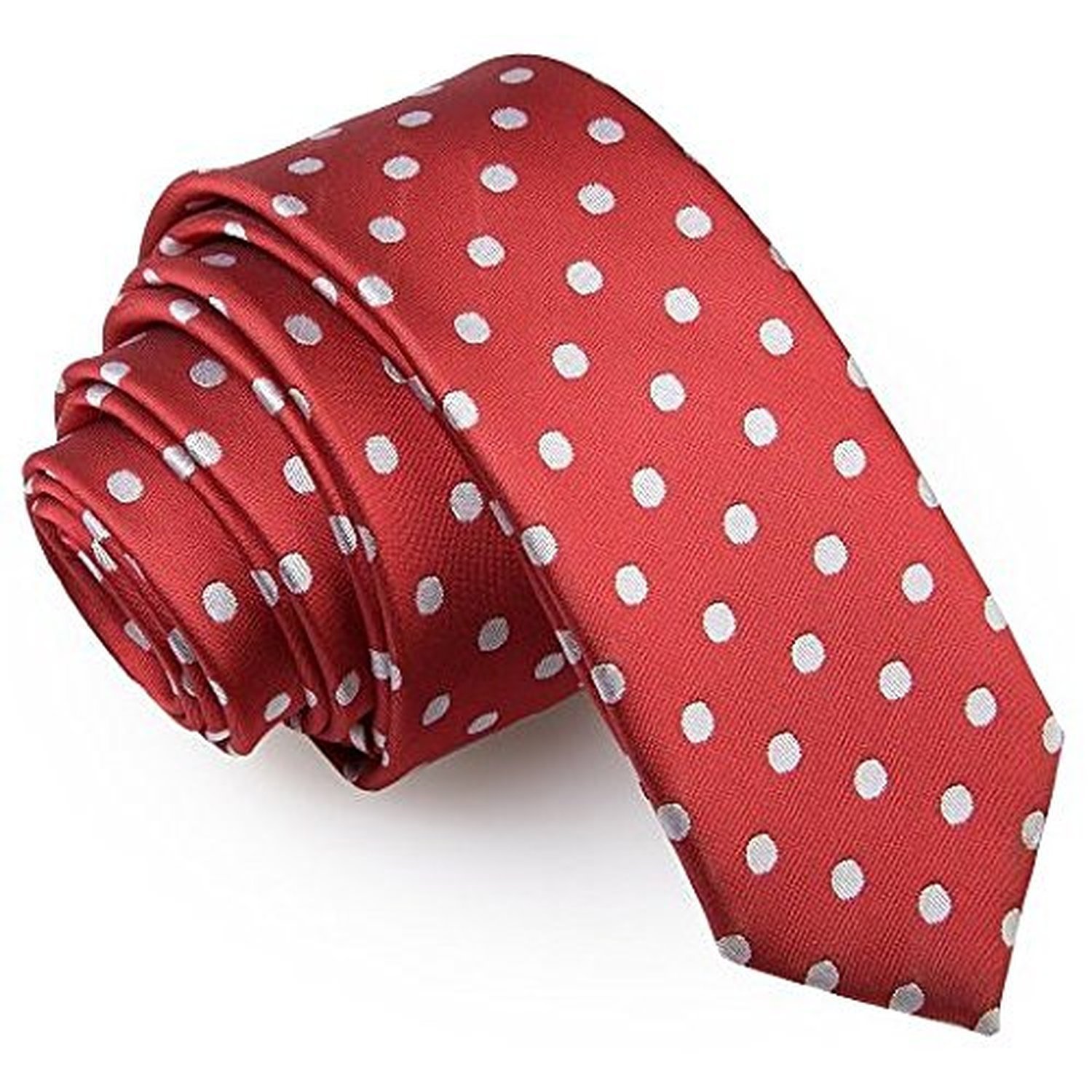 DQT Mens Polka Dot Skinny Tie – 5cm Slim Necktie for Wedding, Business & Formal Wear - Dark Red