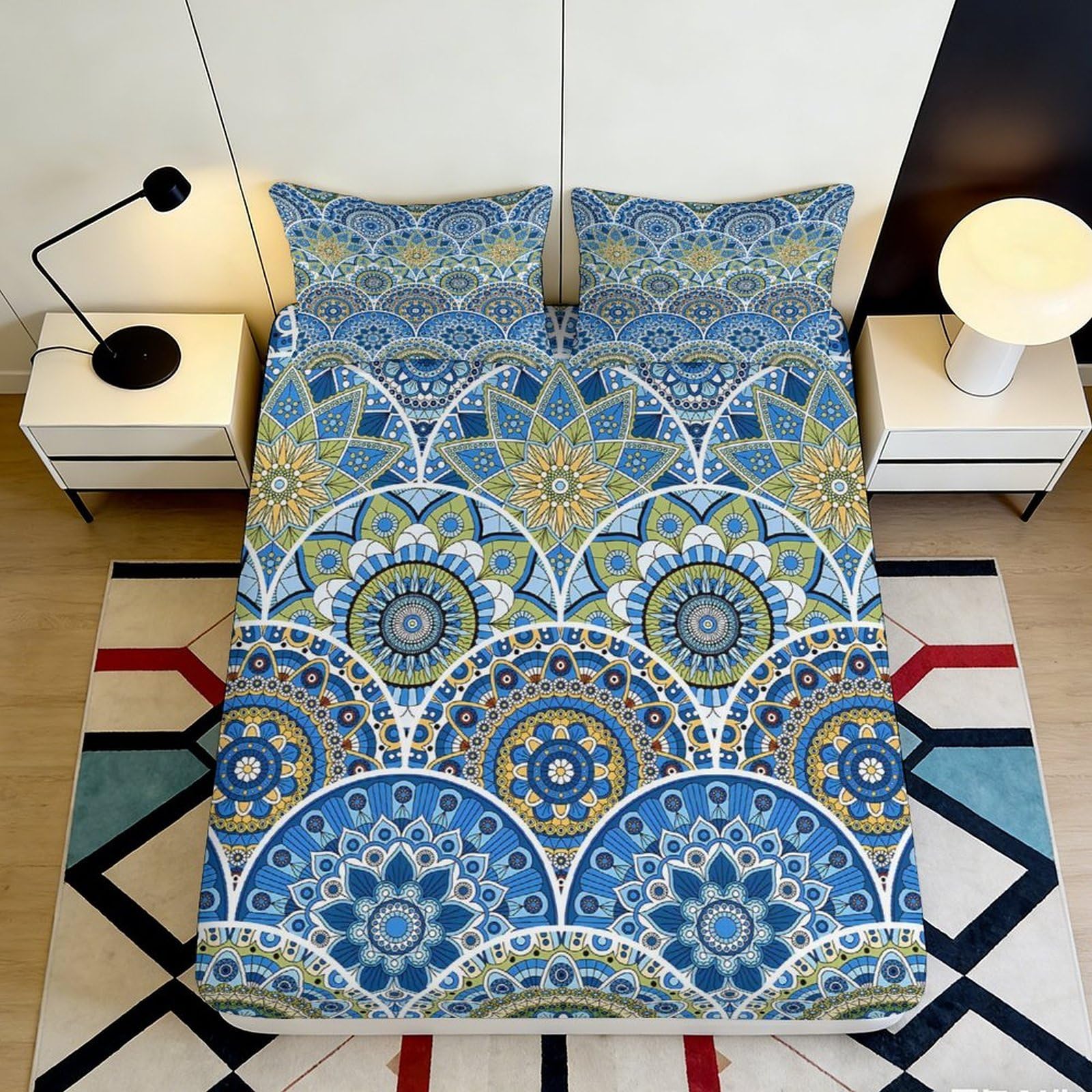 3D Printed Blue Mandala Fitted Sheet Microfiber Soft Geometric Mosaic Bed Cover for Bedroom Guest Room Mattress Decor 90x200x25cm