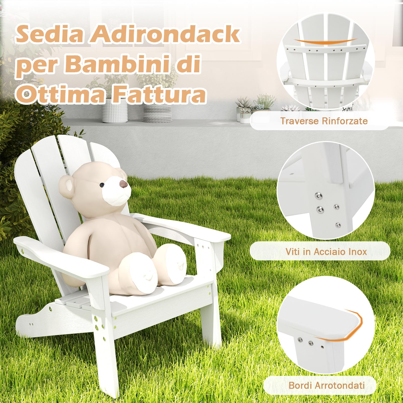 GYMAX Sedia Adirondack per Bambini da Giardino, Sedia per il Tempo Libero in HDPE con Ampio Sedile, Schienale e Braccioli, Angolo di Elevazione di 105°, Poltrona Esterno per Bambini 3-8 Anni (Bianco)