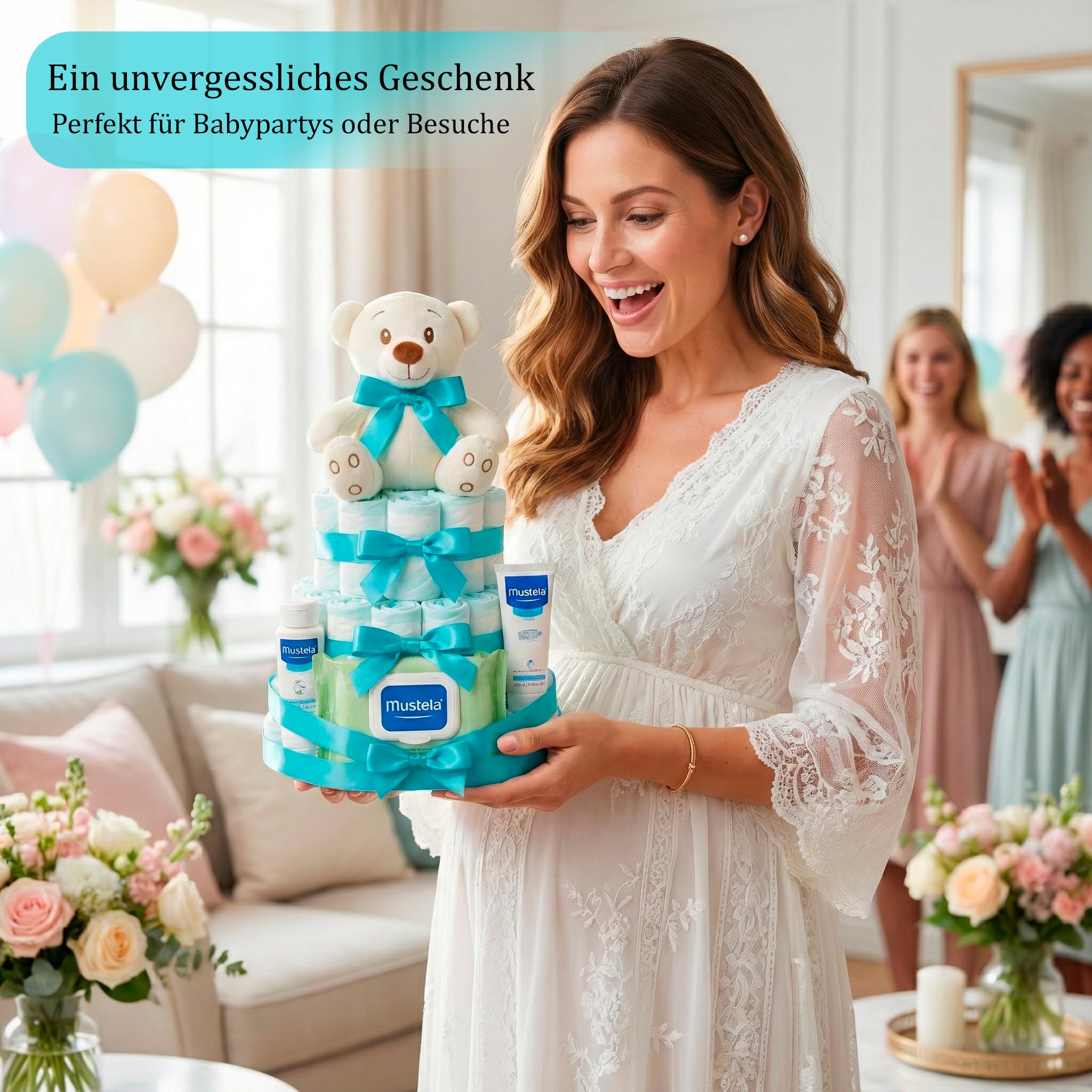 Windeltorte Junge Mädchen Baby Geschenk Set Neugeborene Windelgeschenk Pflegeartikel Baby Shower Torte Geburt Präsente Teddybär Babyparty Babykorb Premium Geschenkidee Säuglingspflege
