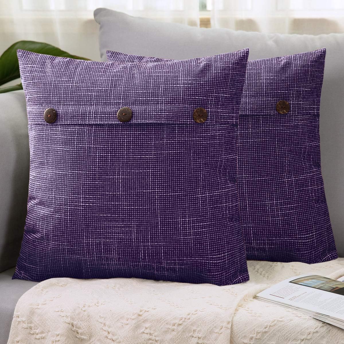 LHKIS Throw Pillow Covers 20x20 Set of 2, Decorative Linen Farmhouse Pillow Cases for Couch Sofa,Vintage Cushion Cover with Triple Button, Green: Home & Kitchen