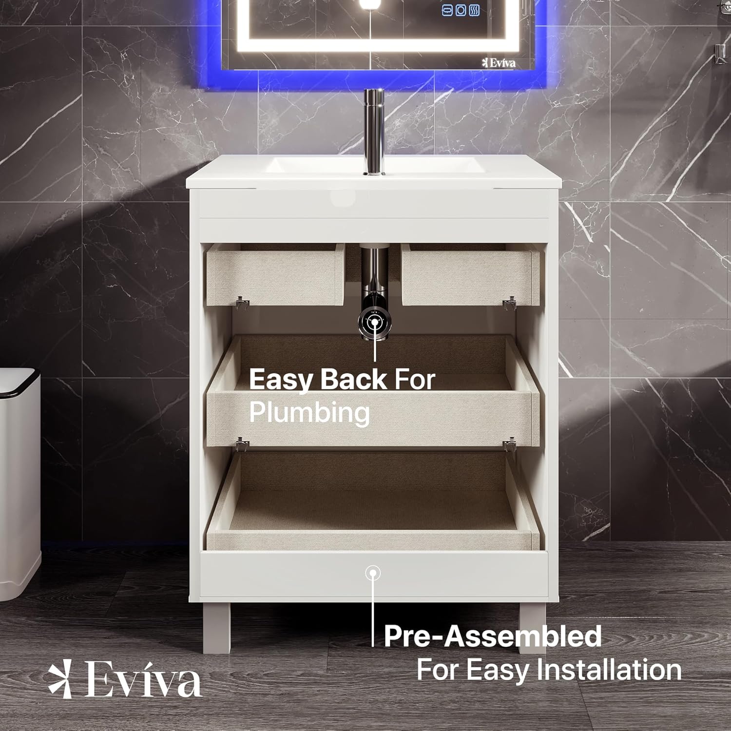 Eviva Deluxe White Bathroom Vanity with Sink and countertop - Modern 32 inch Bathroom Vanity with Sink W/Chrome Hardware Finish - Elegant Engineered Wood Construction Bathroom Vanity Cabinet Design