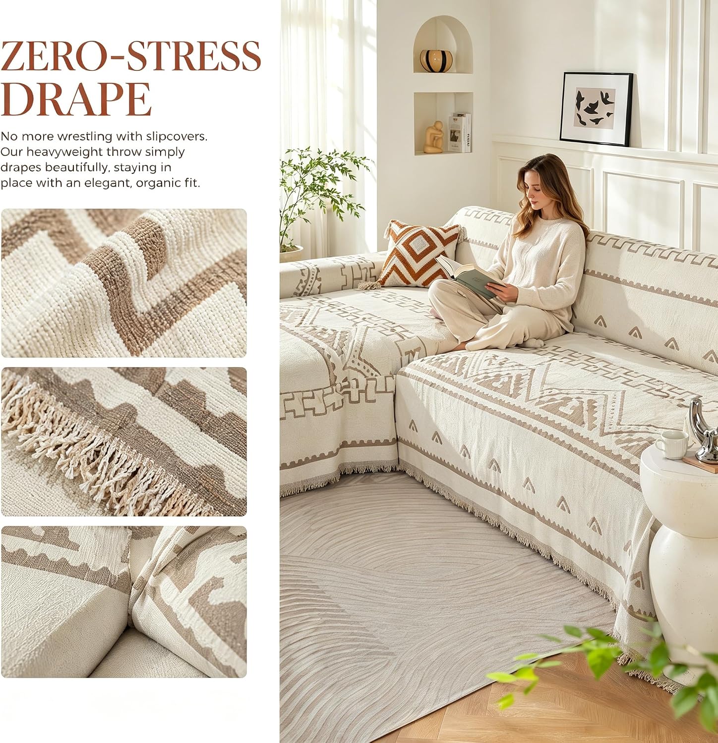 Boho Couch Cover for Dogs, Reversible Chenille Sofa Blanket with Tassels, Heavy Duty Geometric Slipcover for Loveseat, Recliner & L-Shaped Sectional, Beige/Brown, 71"x102"