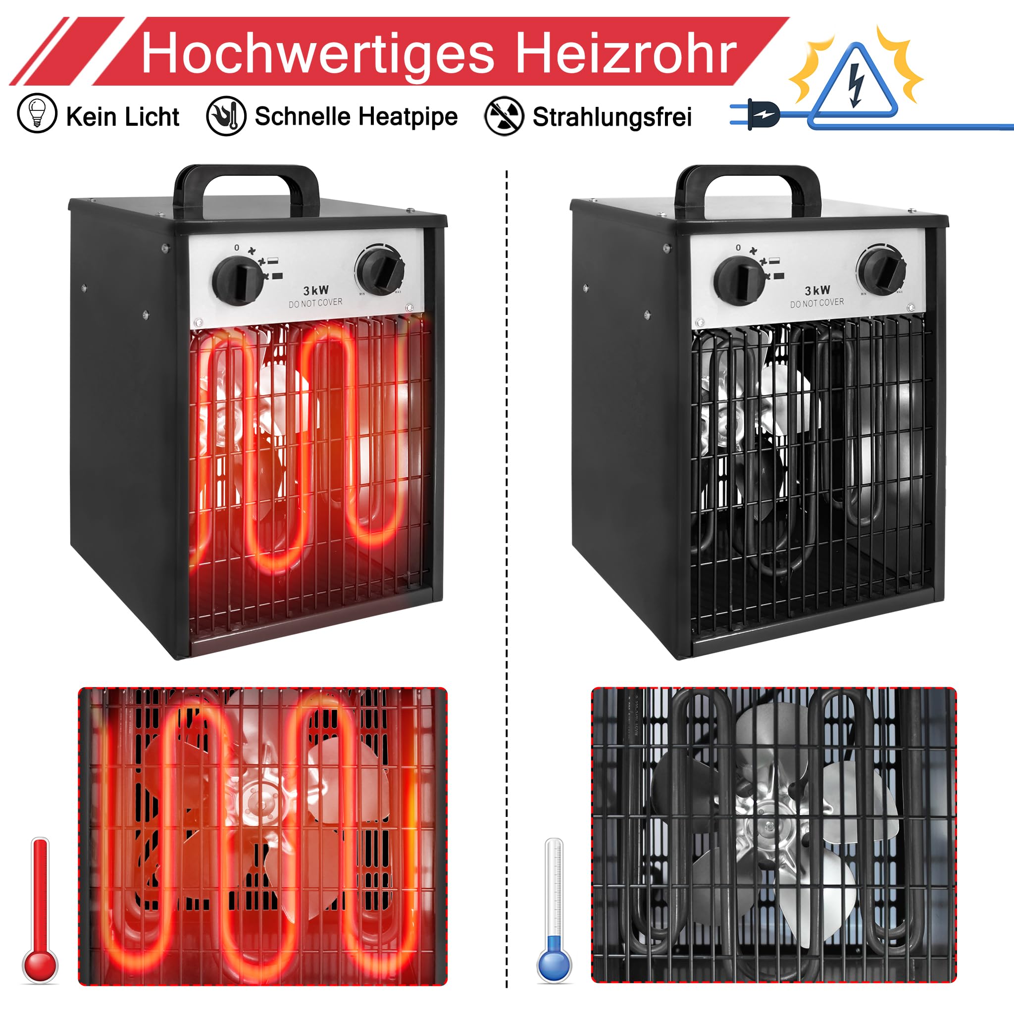 XMTECH Grzejnik budowlany 3 kW 220-240 V, grzejnik elektryczny, 3 stopnie