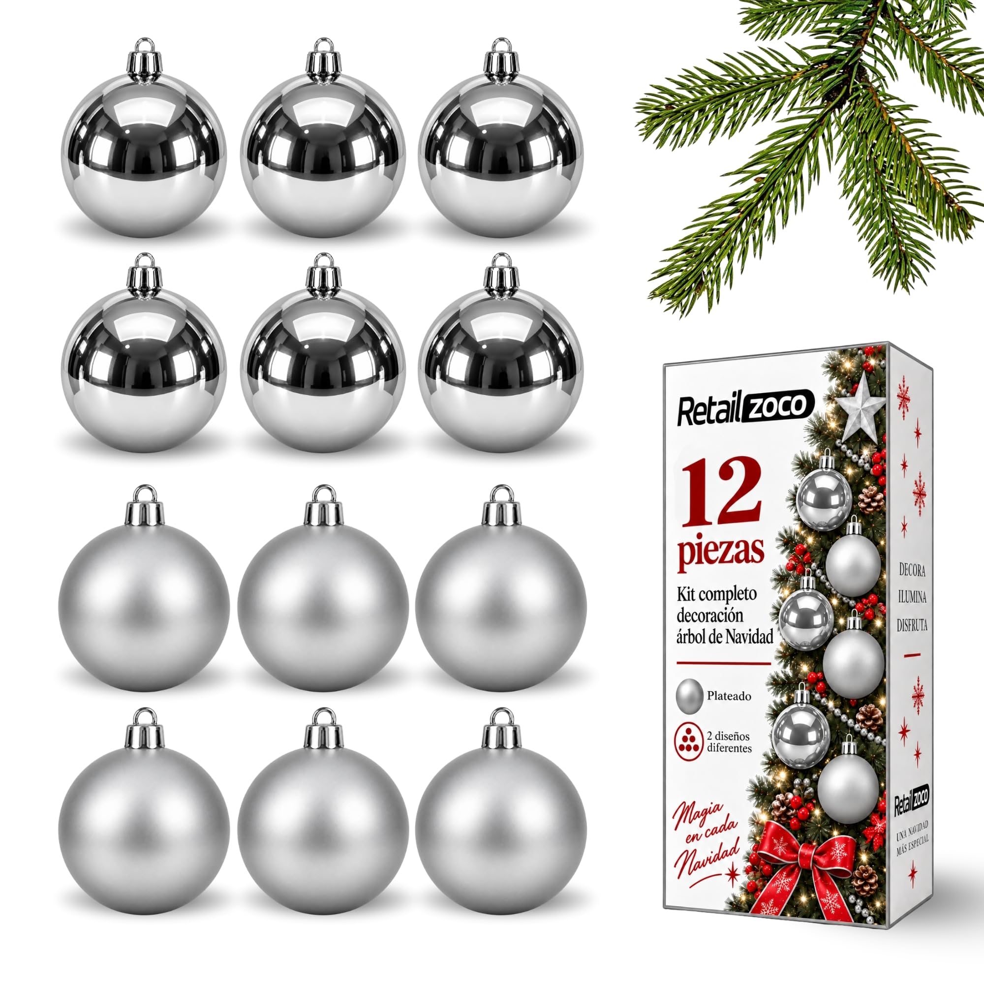 Bolas de Navidad, Adornos Arbol Navidad (Plateado, 12 Piezas) - imagen 1