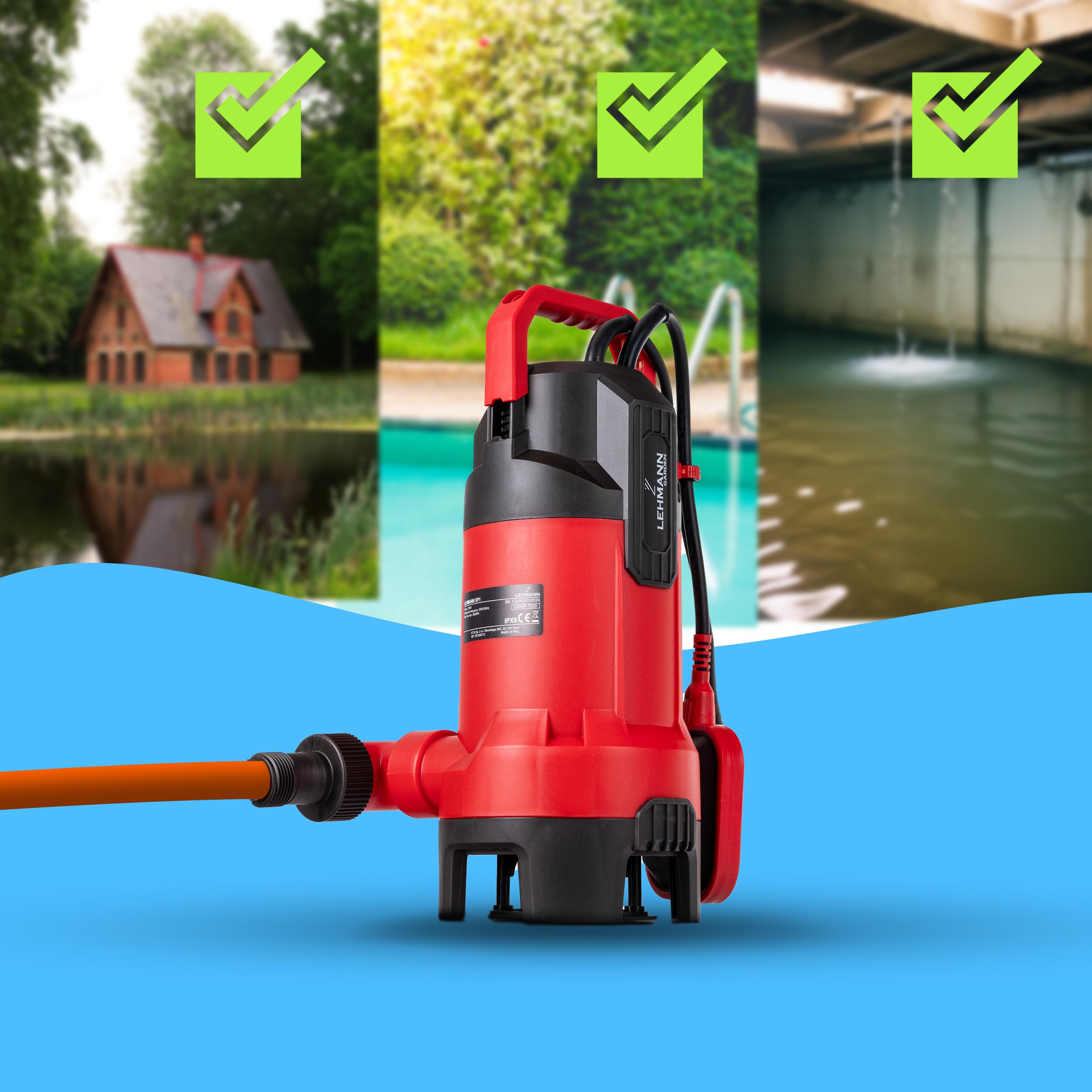 LEHMANN Pompa Sommersa con Galleggiante Integrato, 750W, Pompa Sommergibile per Acqua Sporca e Pulita, Portata 20000 l/h, Altezza Massima 10 m, Particelle Ø 35 mm, IPX8