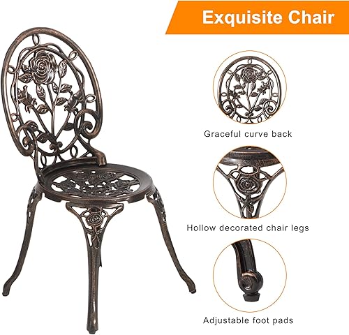 Miniatura 3 de HOMEFUN Juego de 2 mesas y sillas de bistró para exteriores, juego de 3 piezas, diseño de rosa, aluminio fundido para jardín, balcón, resistente a