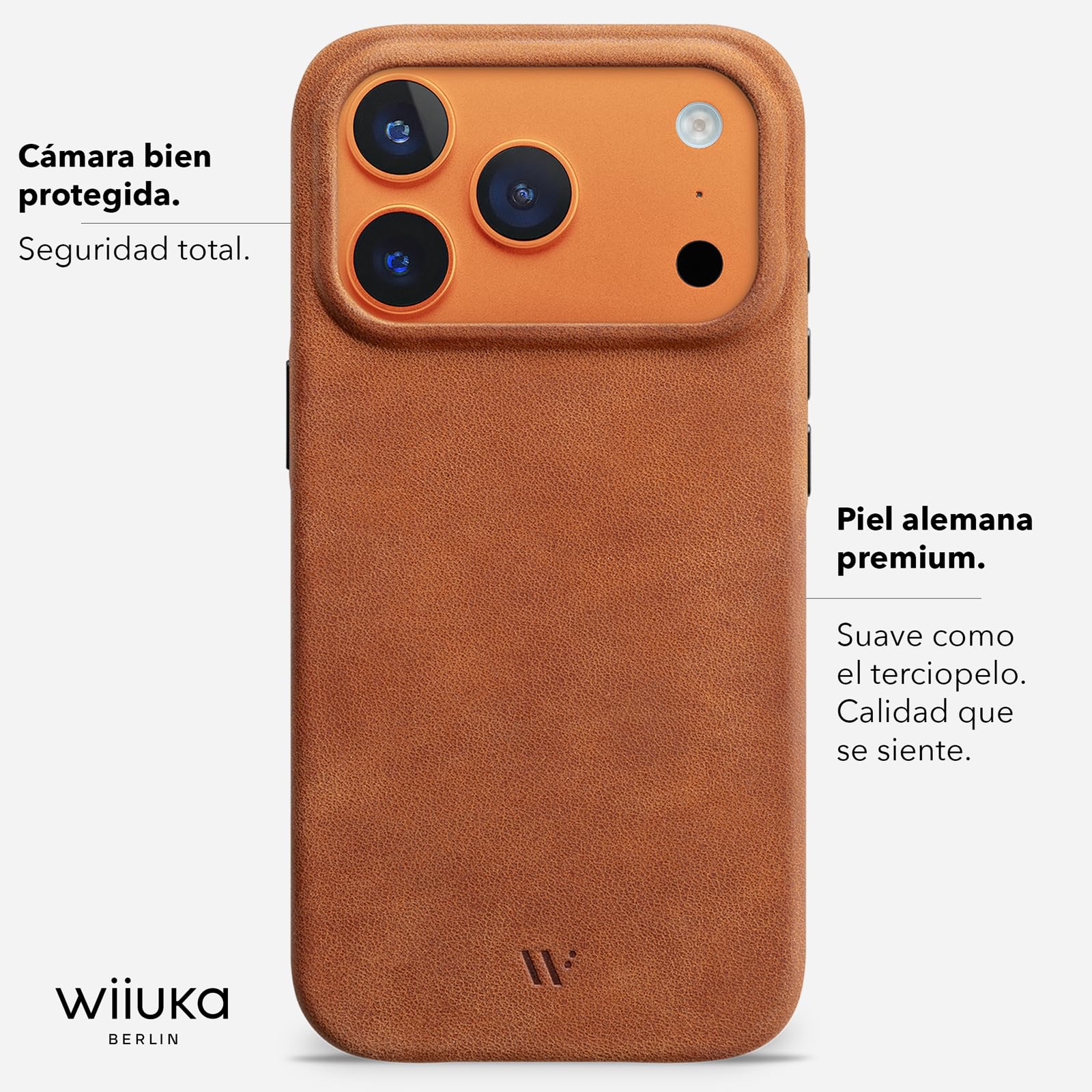 WIIUKA Funda para iPhone 17 Pro Max, piel de Alemania, protección de 360°, funda de piel extra fina, funda premium para teléfono móvil, funda Qi, skiin More VL, coñac vintage