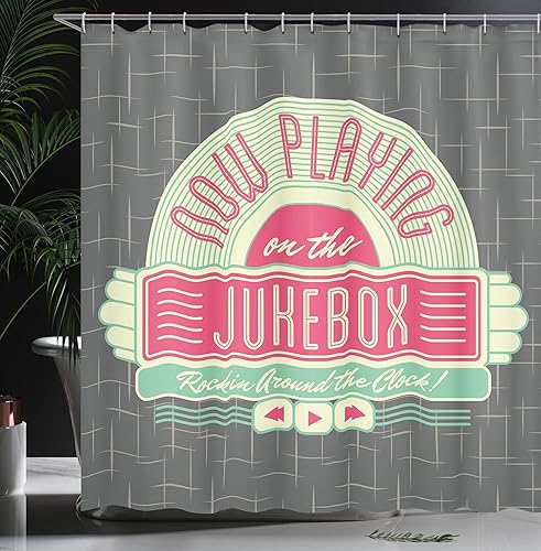 Miniatura 3 de Ambesonne Jukebox - Cortina de ducha, fondo gris carbón inspirado en los años 50, imagen de caja de música de radio, juego de decoración de baño de