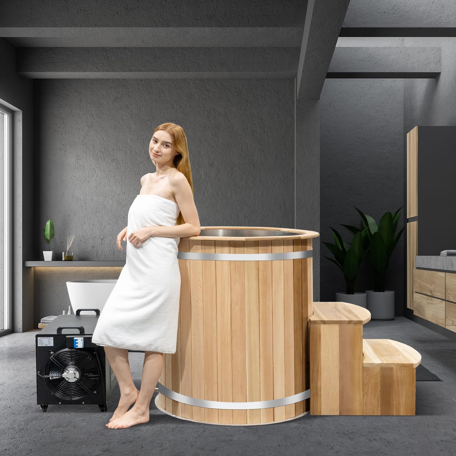 Customize Cold Plunge Barrel, 1HP Chiller, ETL Certificate,500L, Cooling and Heating, Canadian Red Cedar Ice Bath, 304 Stainless Steel Base- Filter - Ozone/UV, Black Option(37-107℉)