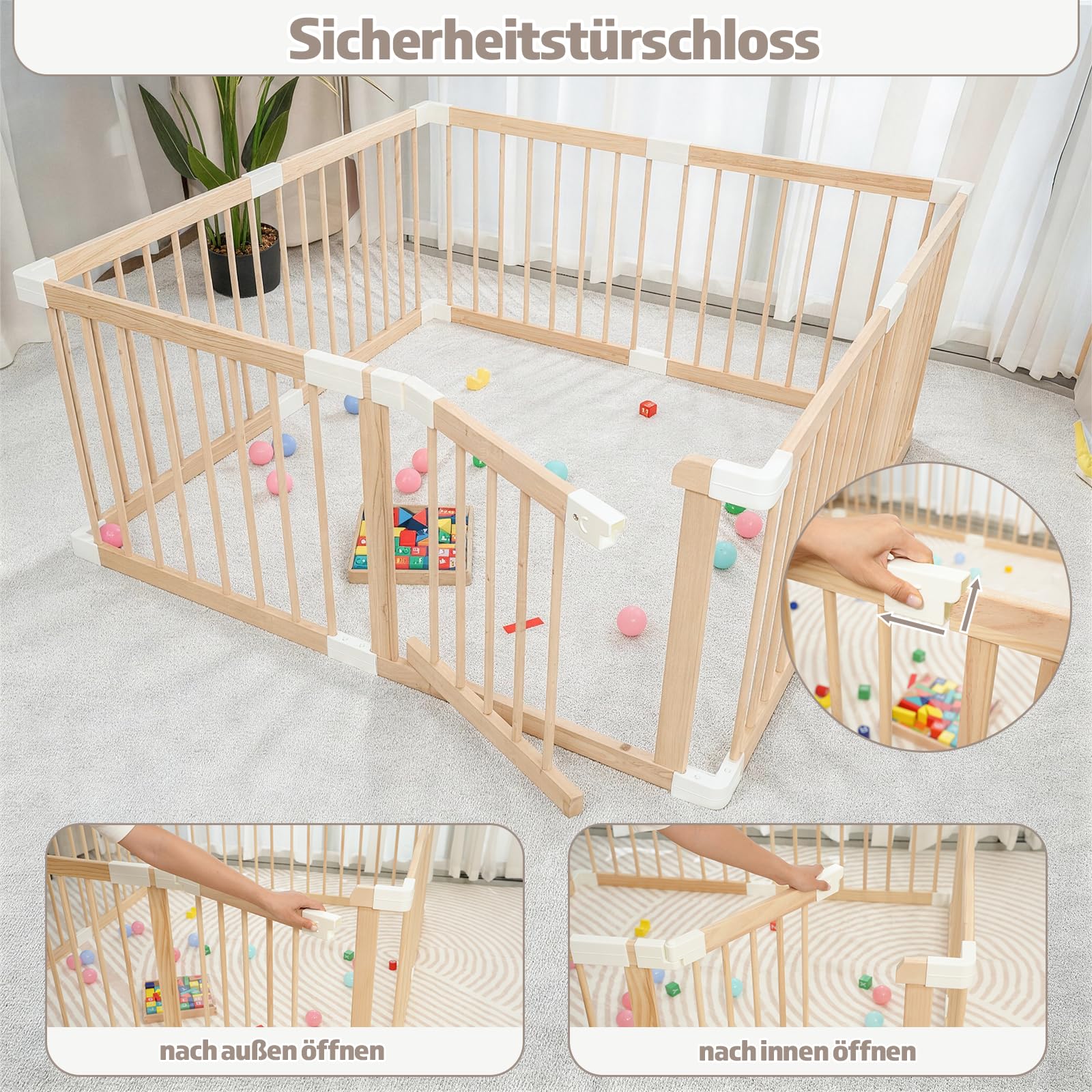 Baby Laufstall aus Holz mit Tür & Sicherheitsverschluss - Robustes Laufgitter zum Zusammenbauen, individuell formbares Krabbelgitter & Absperrgitter für Babys und Kleinkinder(135 * 135 * 61 cm)