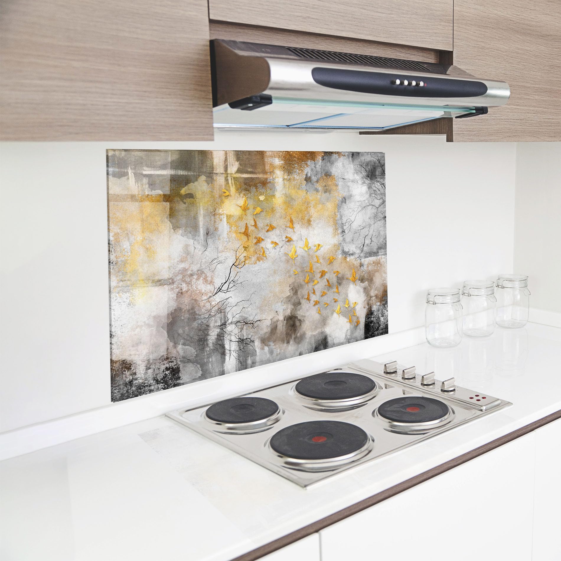 ARTHUB® Crédence de Cuisine en Verre 60x100 cm, Gold Birds Flying | Protection Contre Les éclaboussures, Revêtement Mural en Carreaux, Plaque en Verre, Verre trempé, Abstrait, Art Abstrait