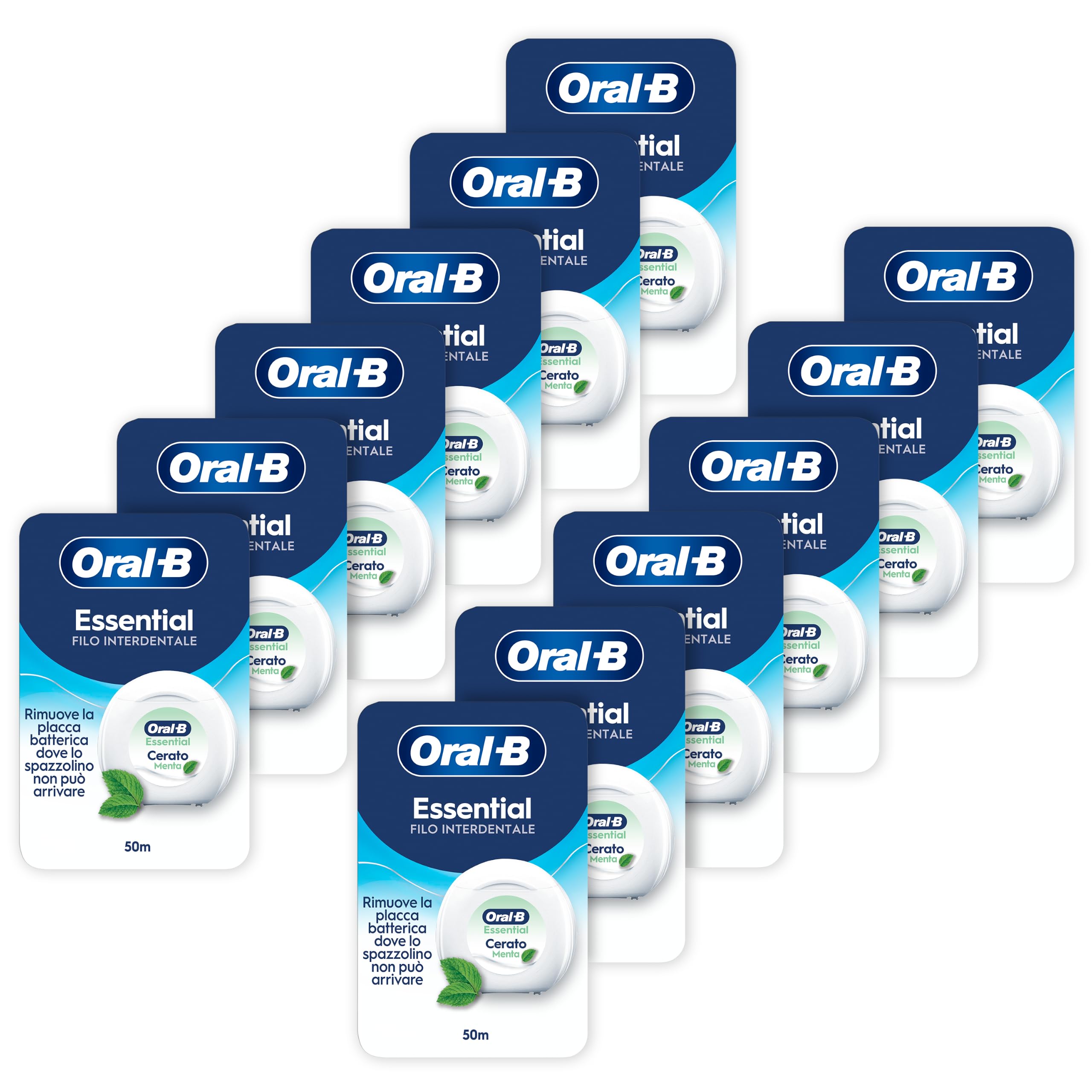 Oral-B Filo Interdentale Cerato, Essential Floss, Menta 12x50m | Filo Interdentale Essential Floss - Rimuove la placca - Cerato - Sapore Menta 50m