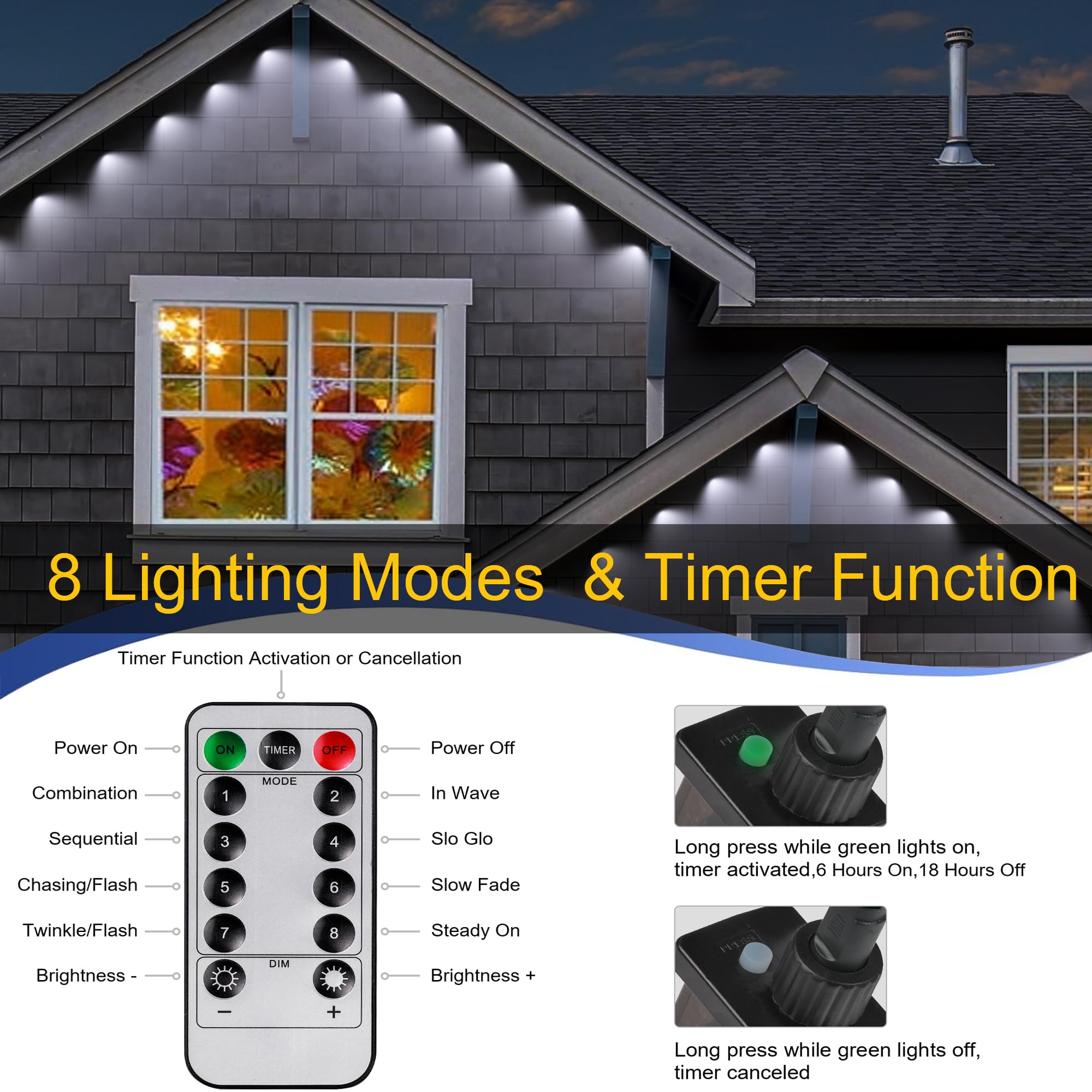 Tacobey Luci di Gronda Natale - 15m 36 LED Catena Luminosa Bianco Freddo con Telecomando, 8 Modalità, Impermeabile, Timer, Collegabile Luci di Gronda Natalizie da Esterno ed Interno