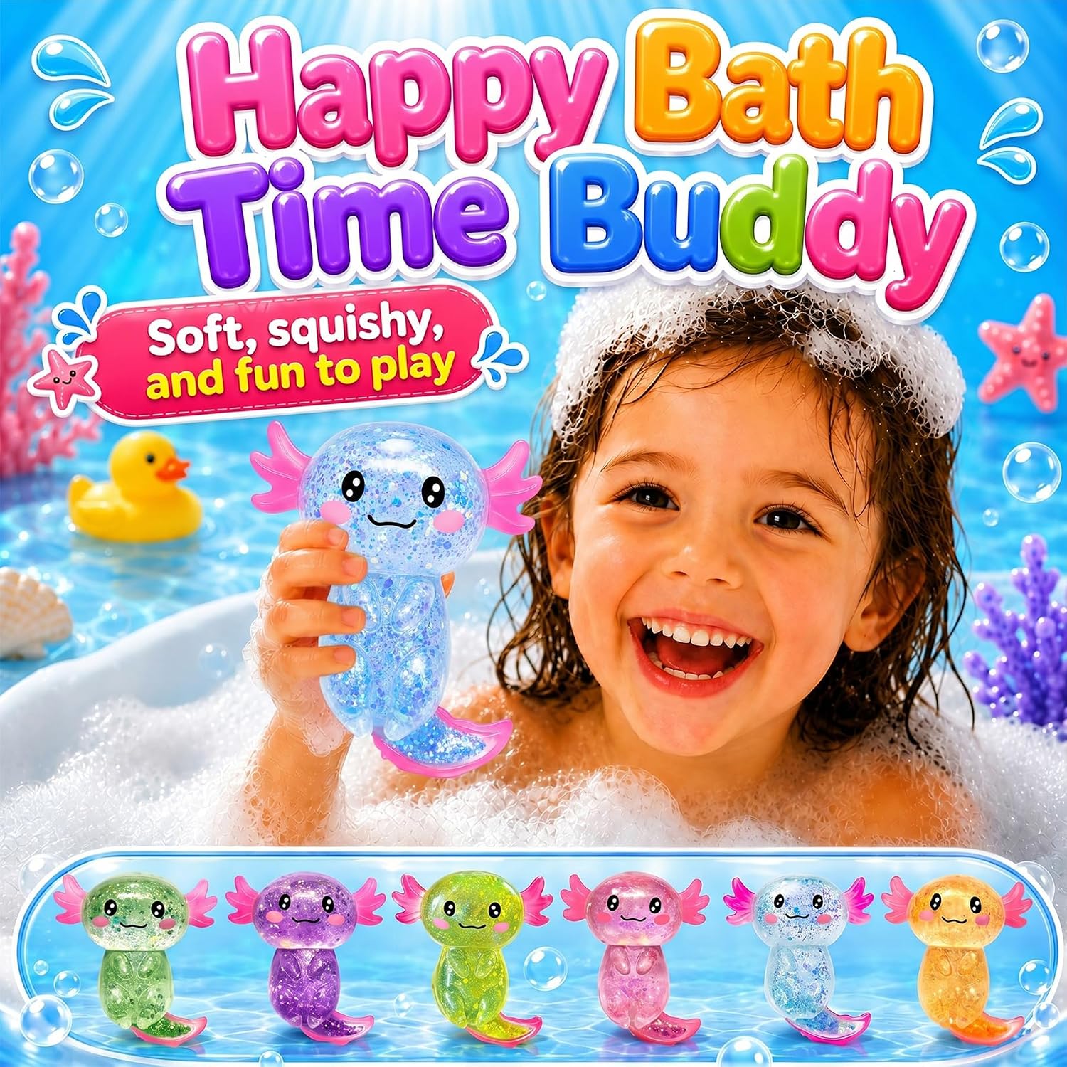 Axolotl Squishy Toy Stress Relief Glitter Fidget,Cute Long Tail Fidget Axolotl Squishy Toy for Kids & Adults, Squishy Gifts Salamander for Party Birthday (Blue)
