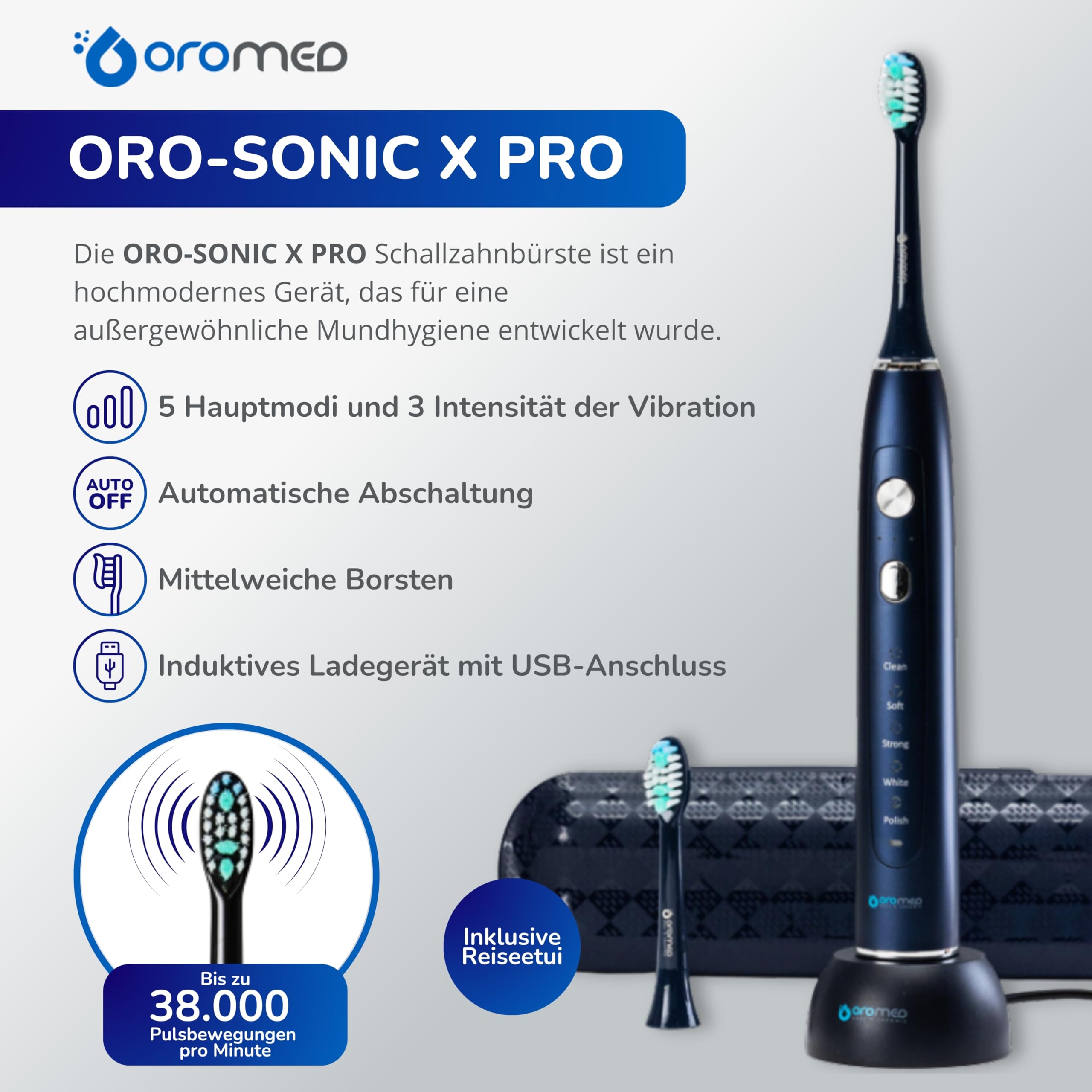 OROMED ORO-SONIC X PRO NAVY BLUE Schallzahnbürste, 38.000 Bewegungen/Min.,(5 Programme × 3 Intensitäten), Akku bis 40 Tage, Timer, USB-Induktionsladung, Marineblau
