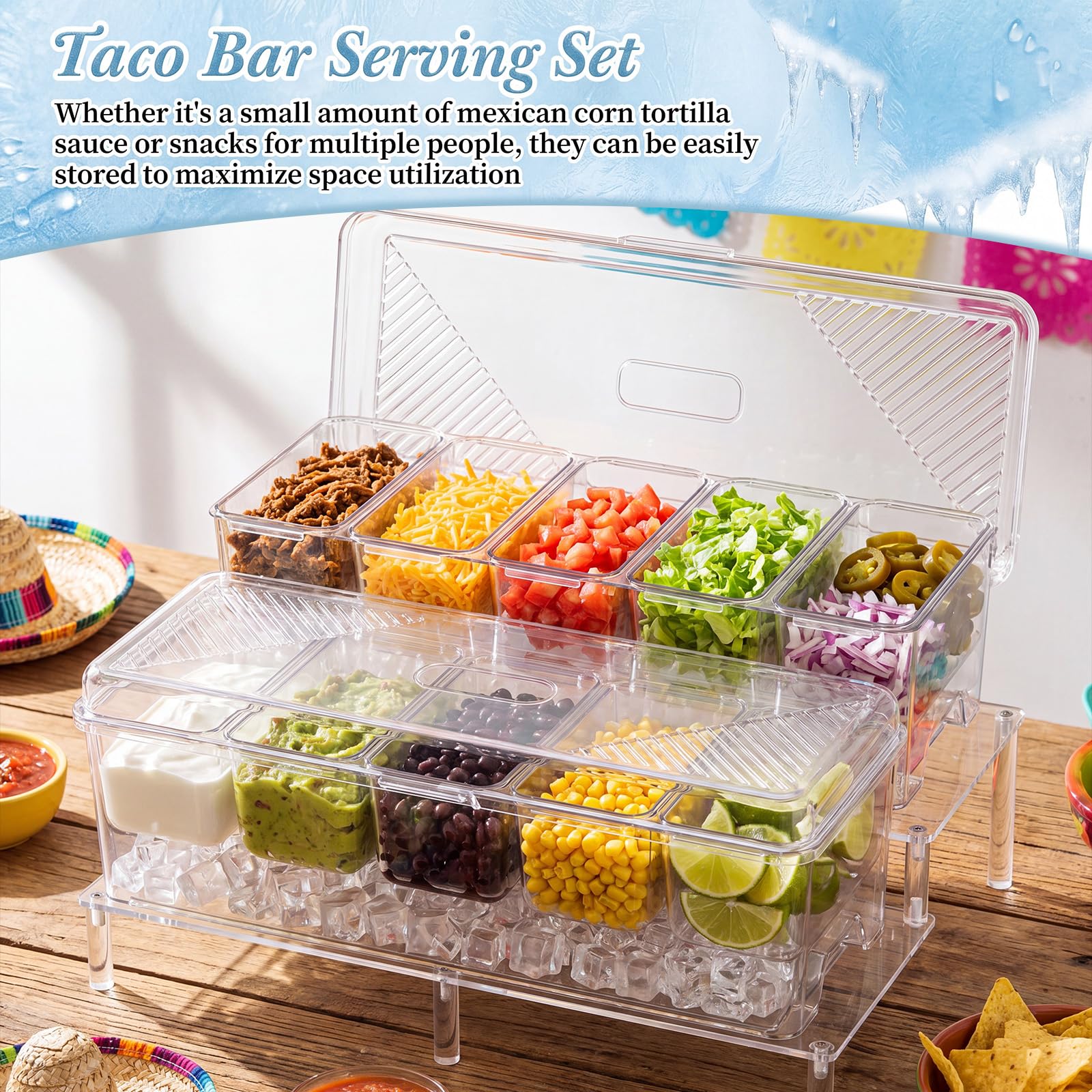 Hushee 17-teiliges Eisgekühltes Gewürz-Servier-Set enthält transparente, gekühlte Gewürzbehälter mit Deckel, abnehmbare Fächer, Acryl-Display, Regal, Servierlöffel und Clips für Barzubehör, Taco-Party