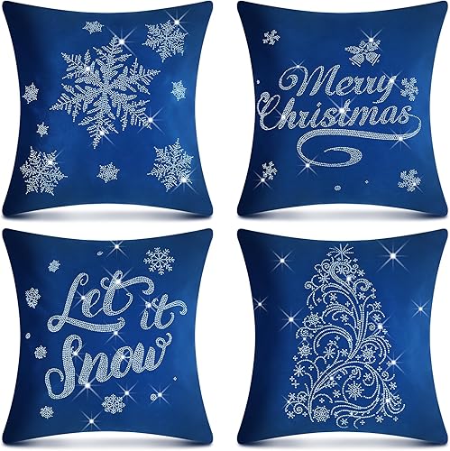 Peryiter 4 fundas de almohada de terciopelo navideño, 18 x 18 pulgadas, decorativas, de terciopelo, copos de nieve, con diamantes de imitación, para