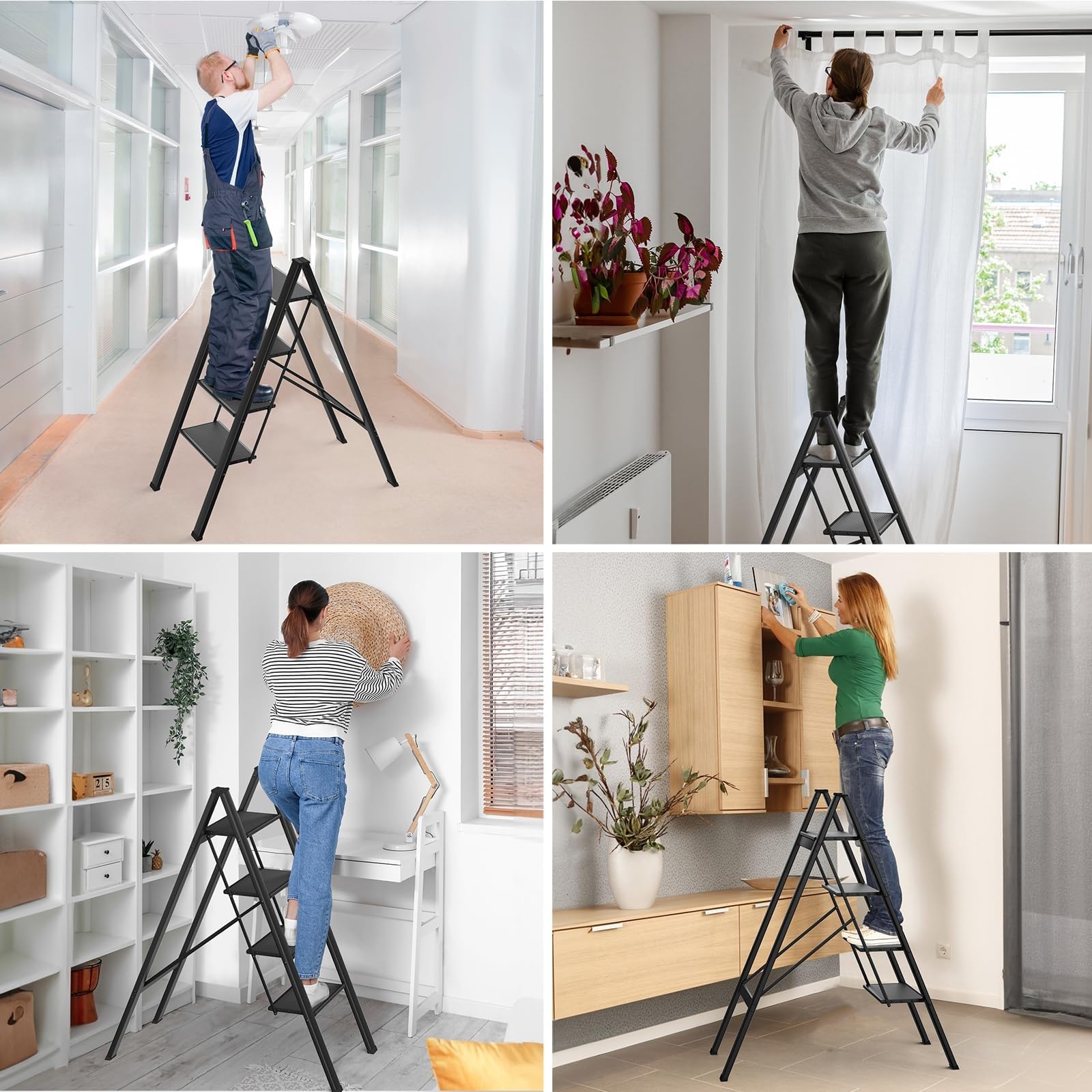 Scala pieghevole in alluminio a 4 livelli, antiscivolo, per casa, scala leggera, portata fino a 150 kg, utilizzata in cucina, casa, ufficio (nero)