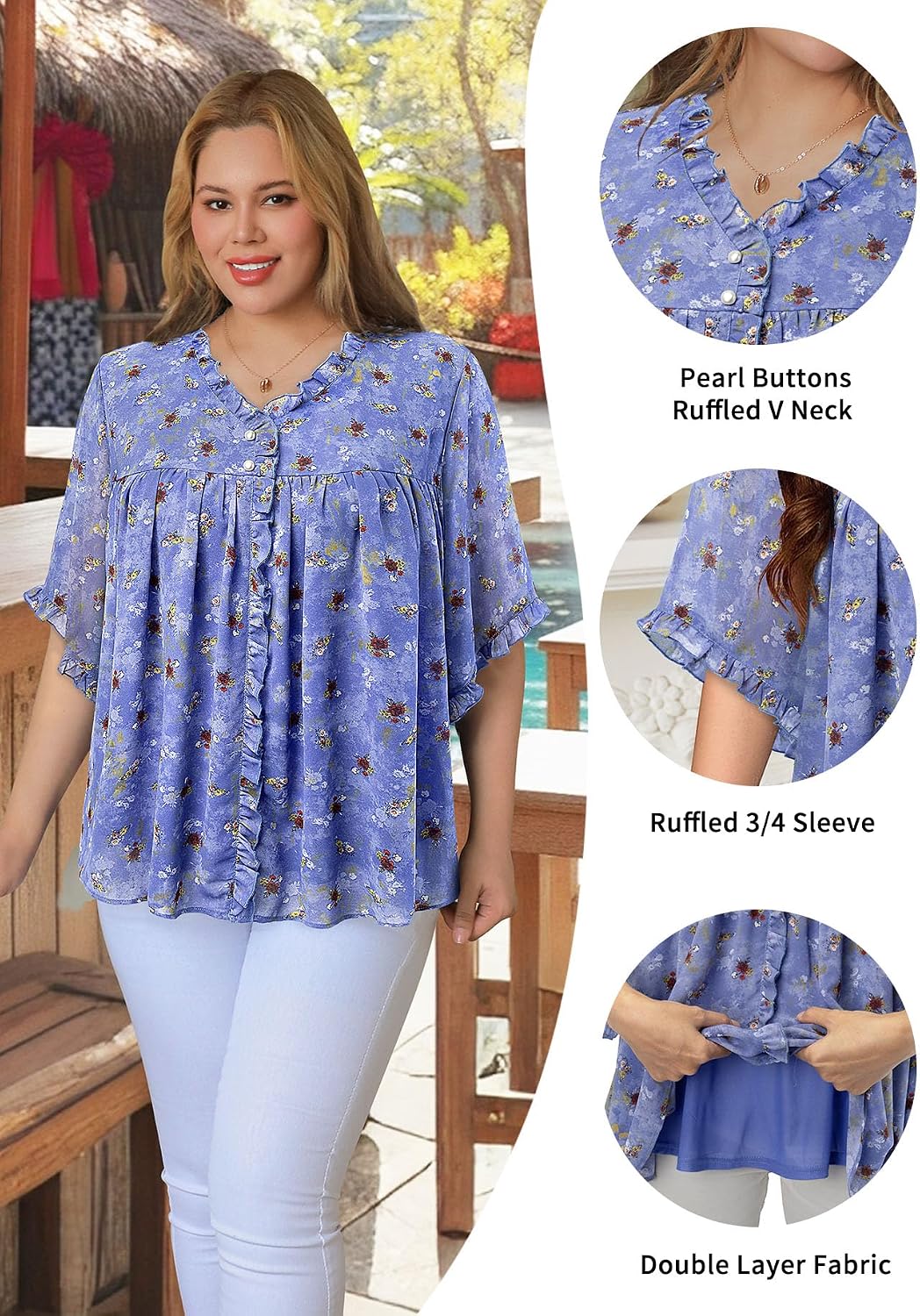 Siddhe Plus Size Tops for Curvy Women 3/4 Ruffle Sleeve V Neck Chiffon Blouses Spring Dressy Casual 2026 Shirts (XL-5XL)