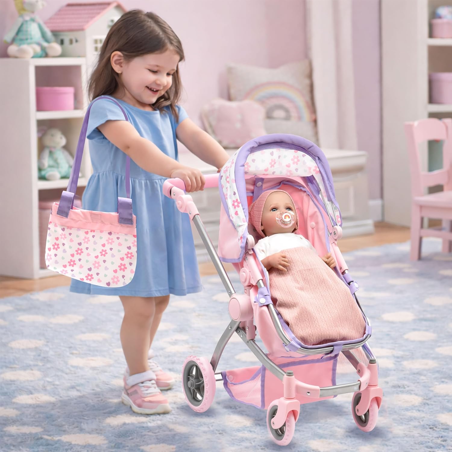 Baby Doll Convertible Pram Stroller for Kids, Adjustable Handle Foldable Buggy Carriage with Canopy and Storage Basket Heavy Duty Premium Quality Purple - 25 Inch