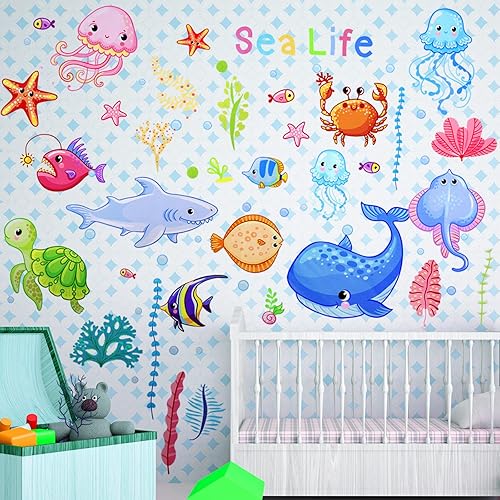 Miniatura 4 de 4 hojas de calcomanías de pared de vida oceánica debajo del pez marino, coloridas y extraíbles de criaturas marinas bajo el agua, medusas,