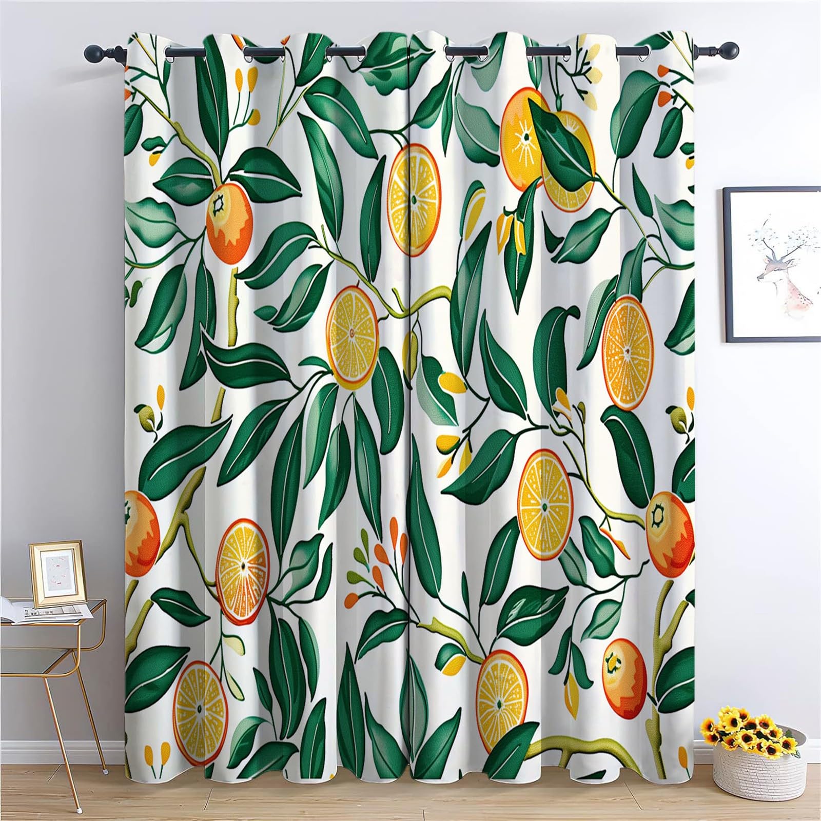 CozyRest Floral And Plants Blackout Curtains for Girls Bedroom Living Room, Thermal Insulated Eyelet Window Drapes, Citrus Green Leaf Orange Fruit Pattern Room Darkening, 2 Panels, 92 x 54 in