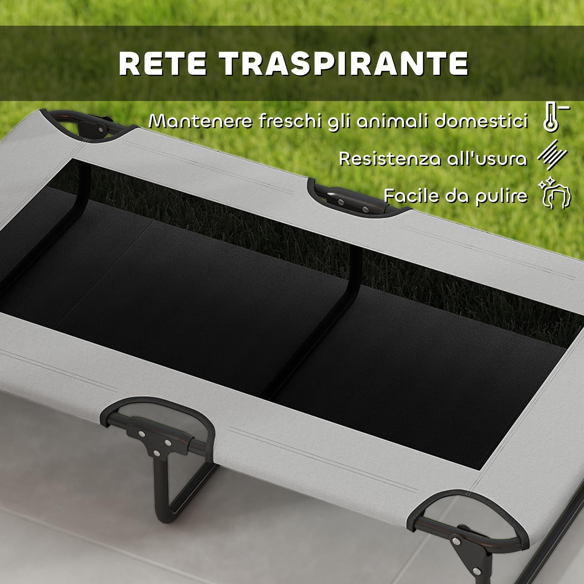 PawHut Letto per Cani Rialzato Pieghevole con Tessuto a Rete, Brandina per Cani Grandi da Interno ed Esterno, 107x61x20 cm, Grigio Chiaro