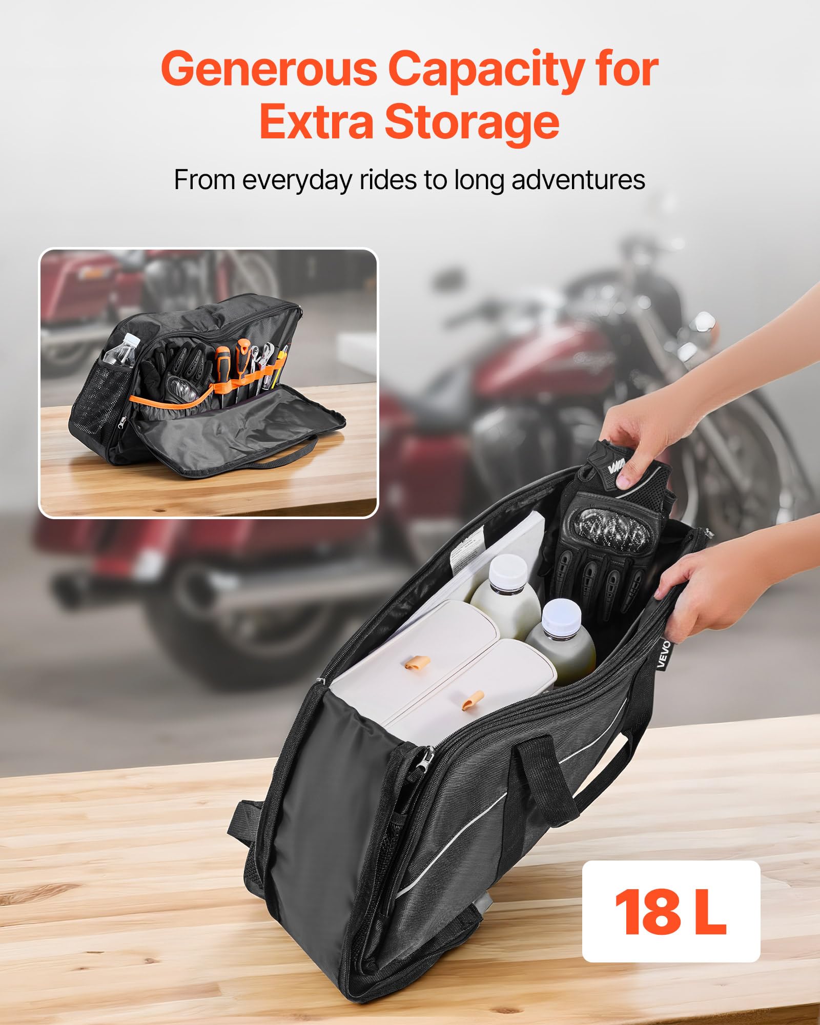 VEVOR Borsa Interna da Sella Laterale per Moto, con Inserto da 18 L, Compatibile con Borse Laterali di Molte Motociclette, Materiali Principali Tessuto Oxford, Peso 0,9 kg 450 x 265 x 155 mm Nero