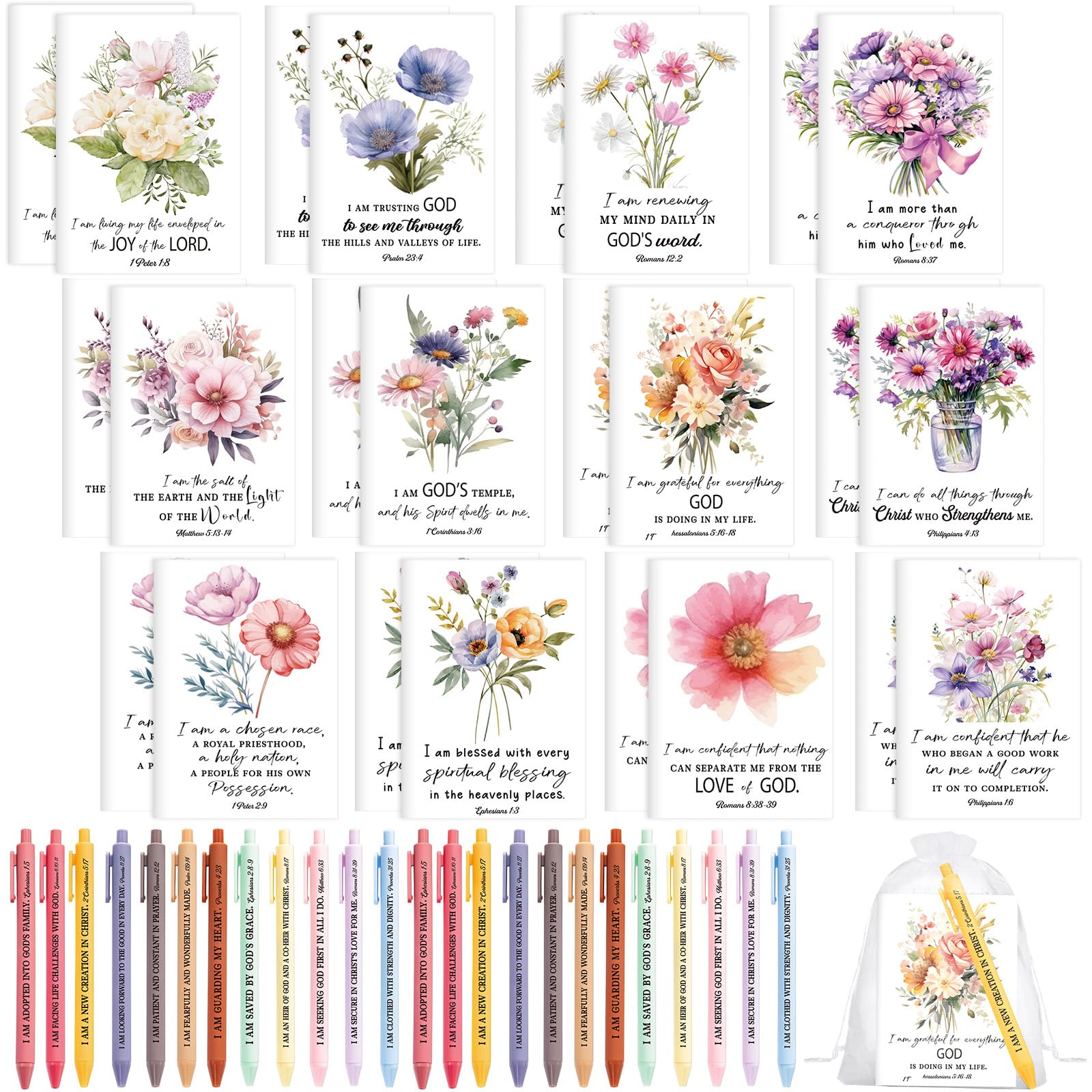 Mooliwe 24 Set/48 Pcs Biblical Affirmation Notebooks and Pens Floral Christian Gifts Scripture Prayer Notepads Positive Religious Inspirational Affirmation Journal for Women Church Member Party Favors