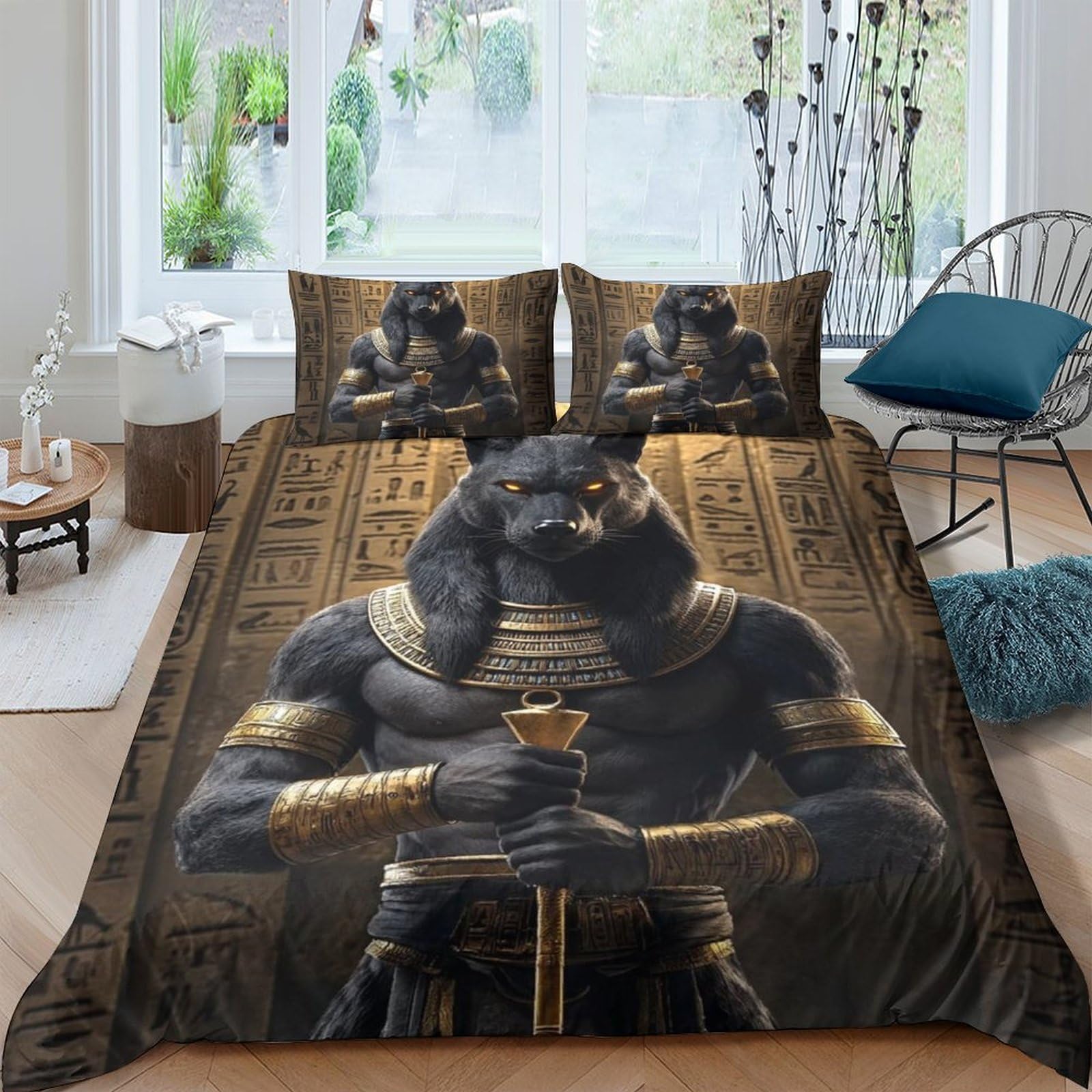 Ctjqhvkz Style-9 3D Printed Egyptian Anubis Fitted Sheet Microfiber Soft Black Gold Ancient God Mattress Cover Bedroom Decor Single（135X200cm）