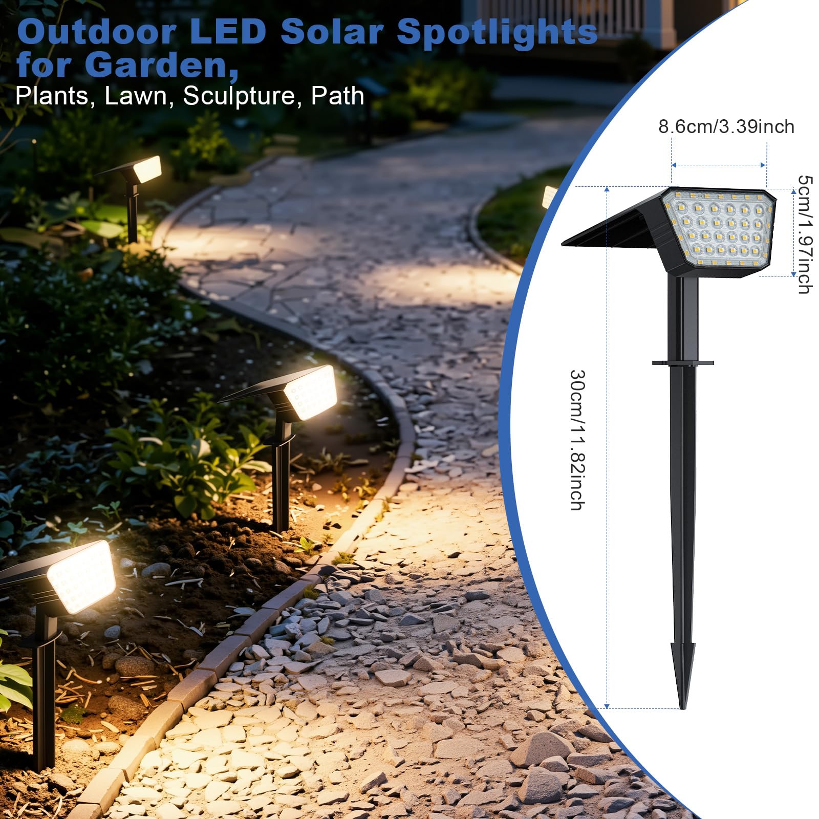 FIFlying Luces Solares LED Exterior Jardin 2 Piezas, 44 LED Focos LED Exterior Solares, 3 Modos Impermeable IP67 Foco Solar para Patio, Caminos, Terraza, Calzada, Piscina, Césped - Blanco Cálido - 3