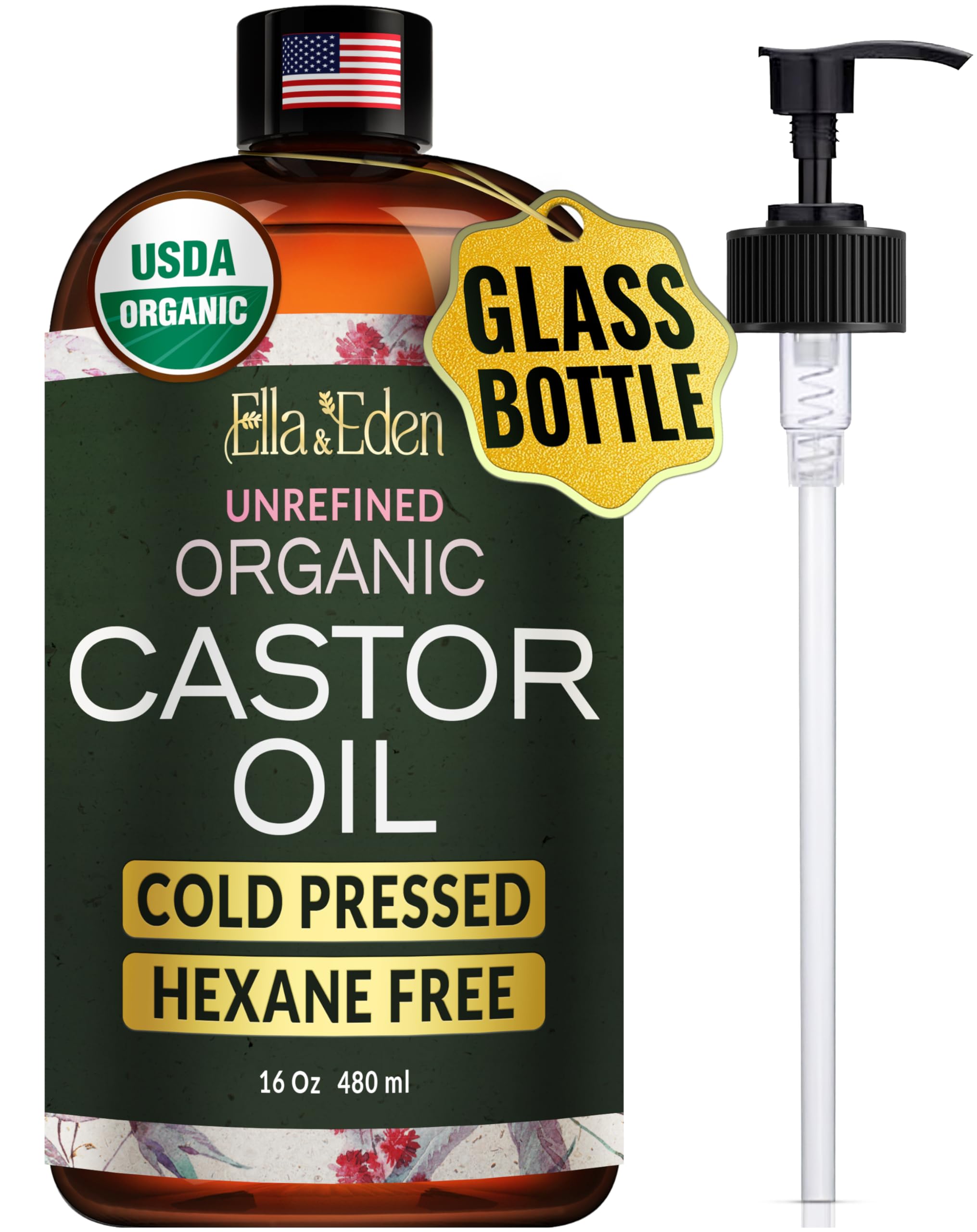USDA Organic Castor Oil – Cold Pressed Hexane-Free - Glass Bottle - For Hair Growth, Face, Eyelash, Skin, Stomach - 100% Pure Unrefined 16 Fl Oz