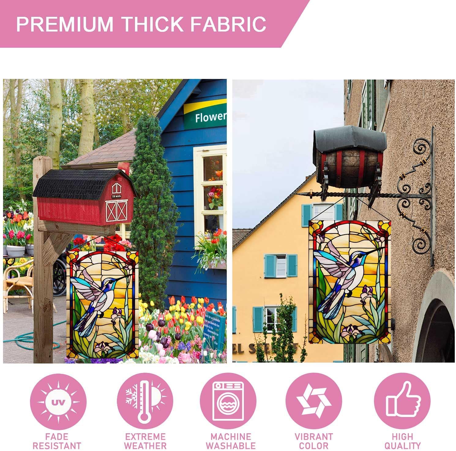 Spring Colorful Hummingbird Garden Flag Stained Glass Style Spring Summer Floral Flower Small Flag for Outside Burlap Double Sided Farmland Welcome Yard Lawn Winter Decor 12.5x18" - Image 6