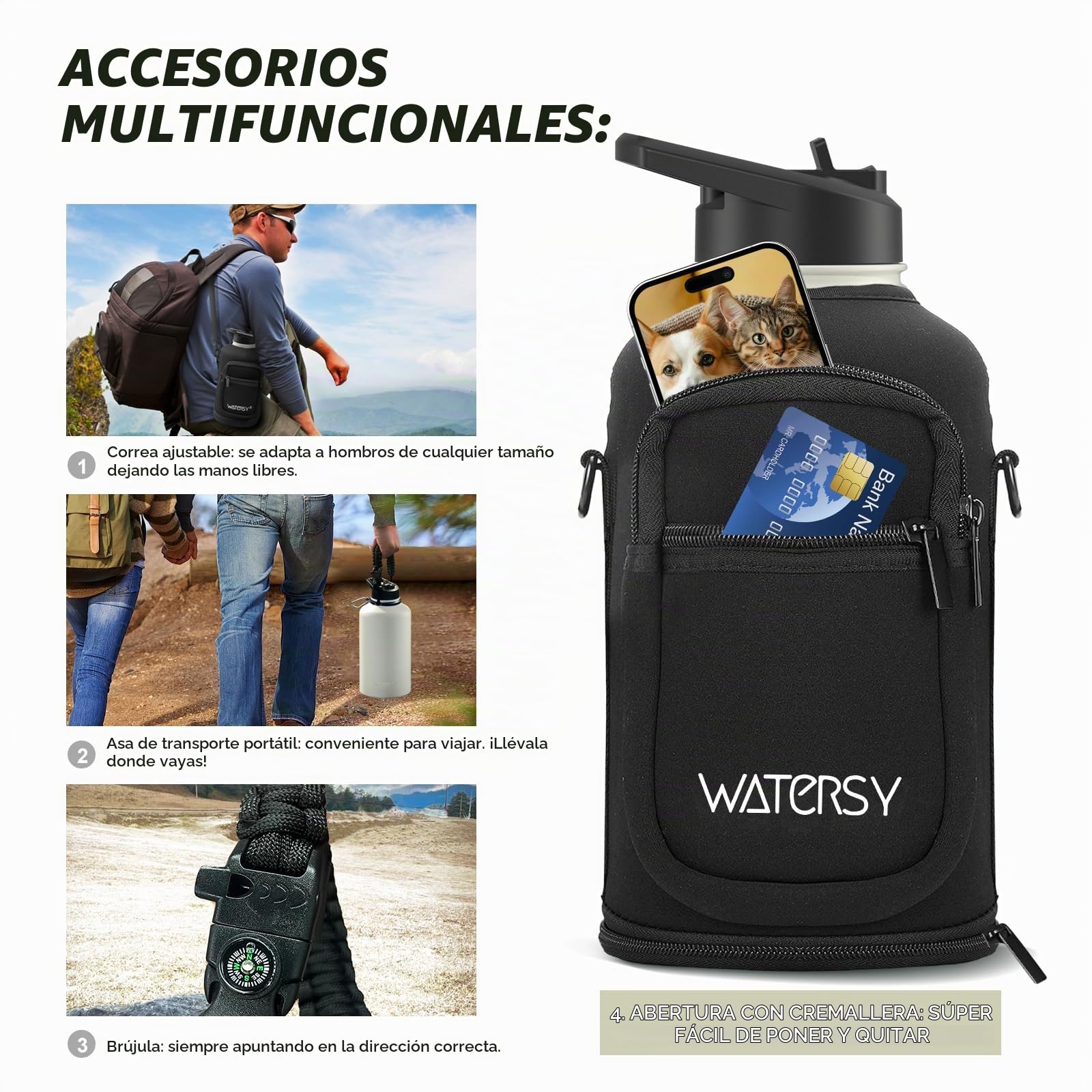 WATERSY 2L Botella Térmica, Botella con 2 tapas Acero Inoxidable 40oz Sin BPA, Termo de Agua con Pajita Doble Pared para Frío 48h/Calor 24h, para Gimnasio, Viajes y Deporte (Beige)