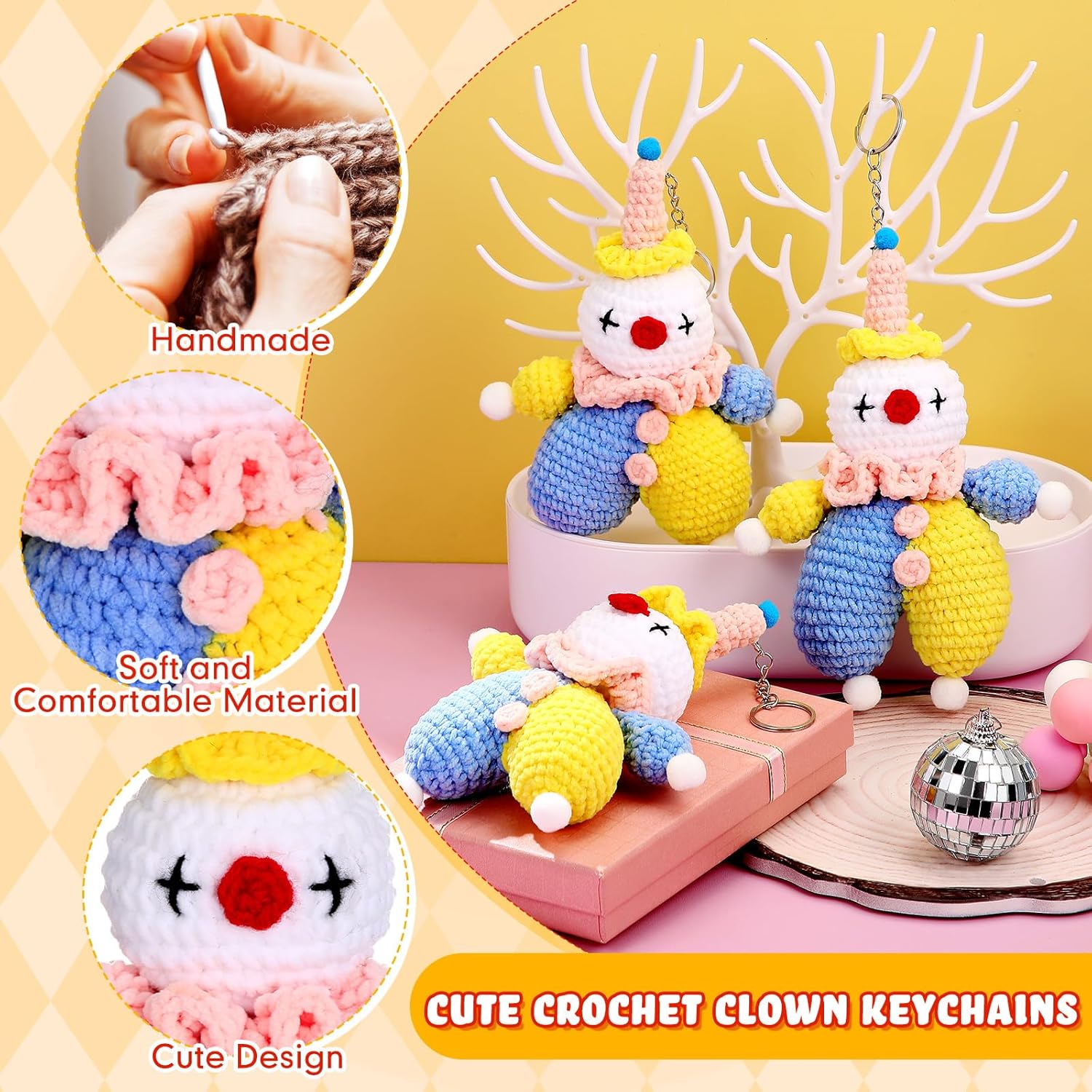 3 Pcs Clown Keychains Handmade Crochet Clown Bag Charm Cute Funny Birthday Gift for Car Key Backpack Accessories(Cute Style) - Image 3