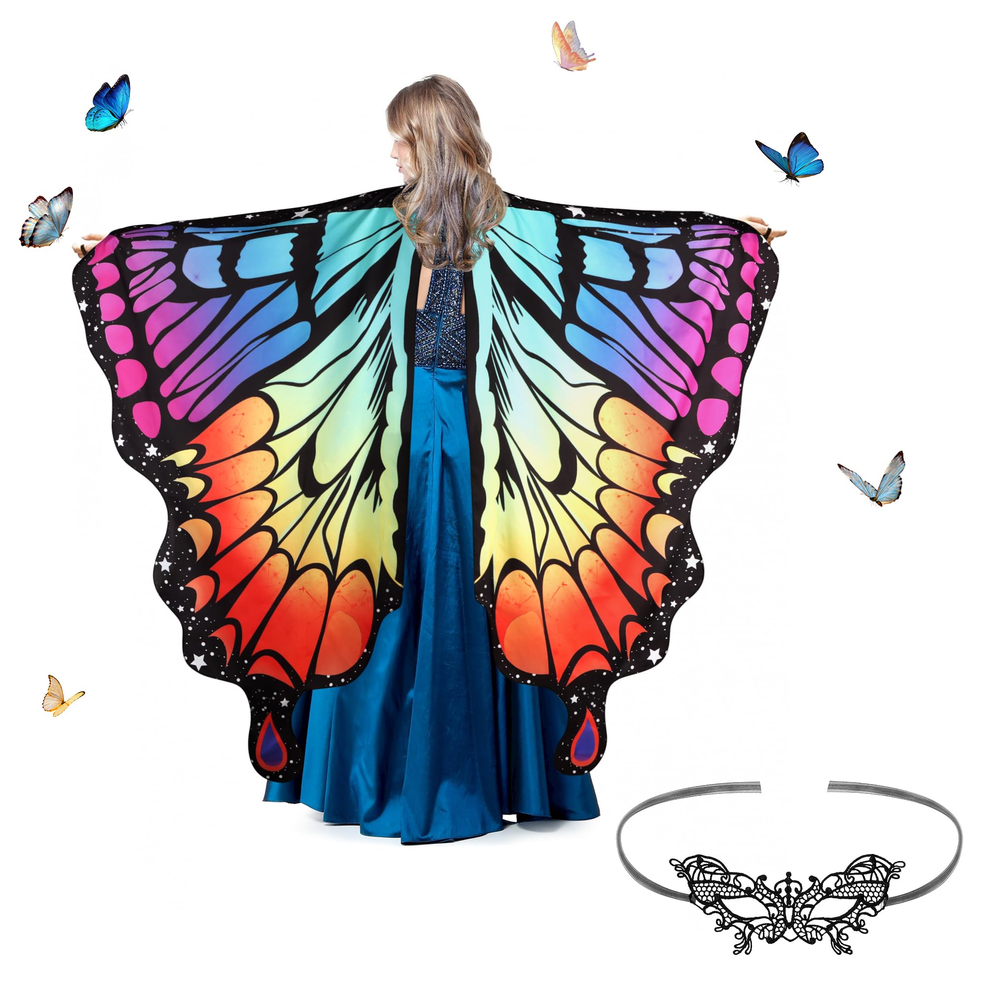 Kaket Butterfly Wings Adult Women with Mask, Womens Butterfly Wings Cape Fancy Dress Up, Butterfly Wings Shawl Adult for Halloween Christmas Party Cosplay Dancing