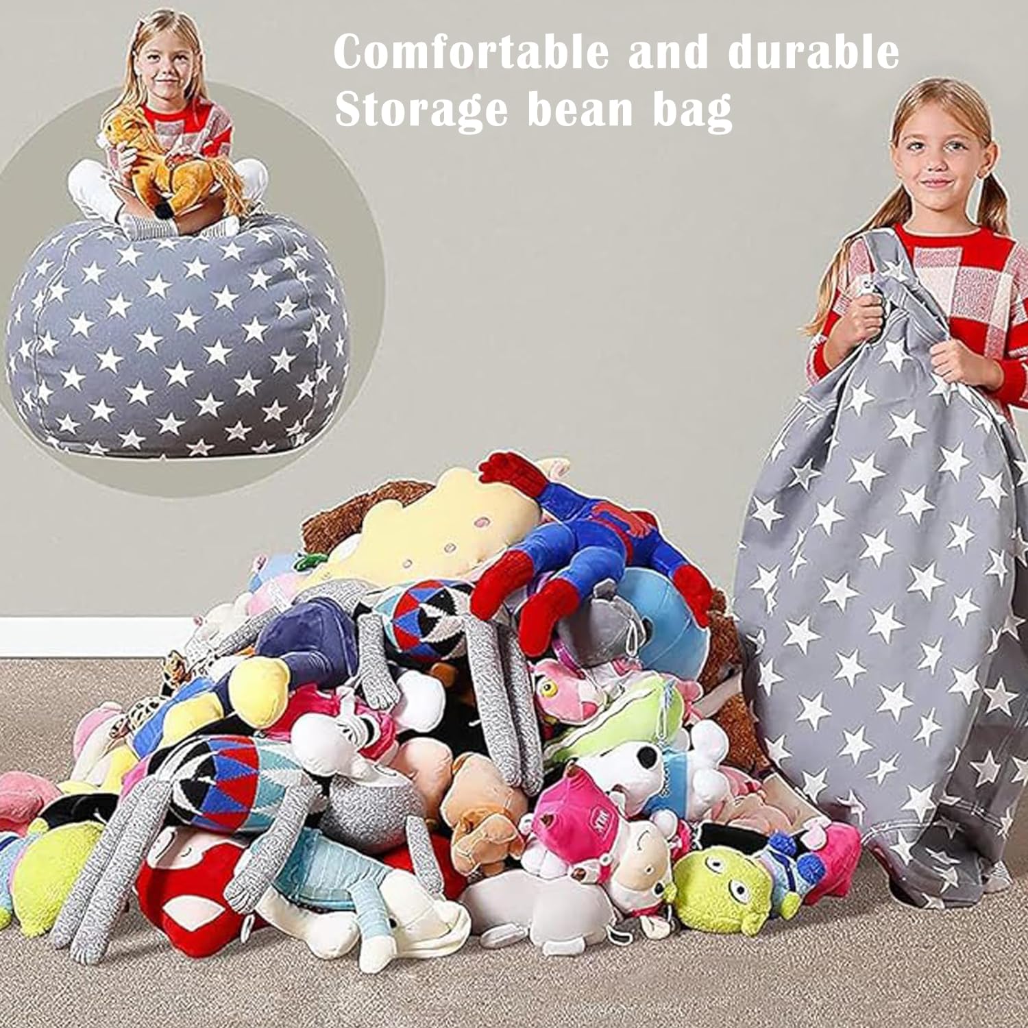 Bolsa Almacenamiento Juguetes Felpa, Lona Bolsa De Frijoles Rellenable, Puffs Plegable para Niños, Grande Bolsa Puff para Guardar para Organizar Juguetes, Ropa (Estrellas Grises, 22 Pulgadas)