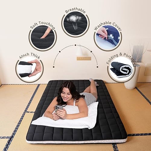 Miniatura 5 de Colchón de futón japonés con funda extraíble, tamaño individual de 4 pulgadas de grosor, plegable, colchón de espuma viscoelástica adecuado para