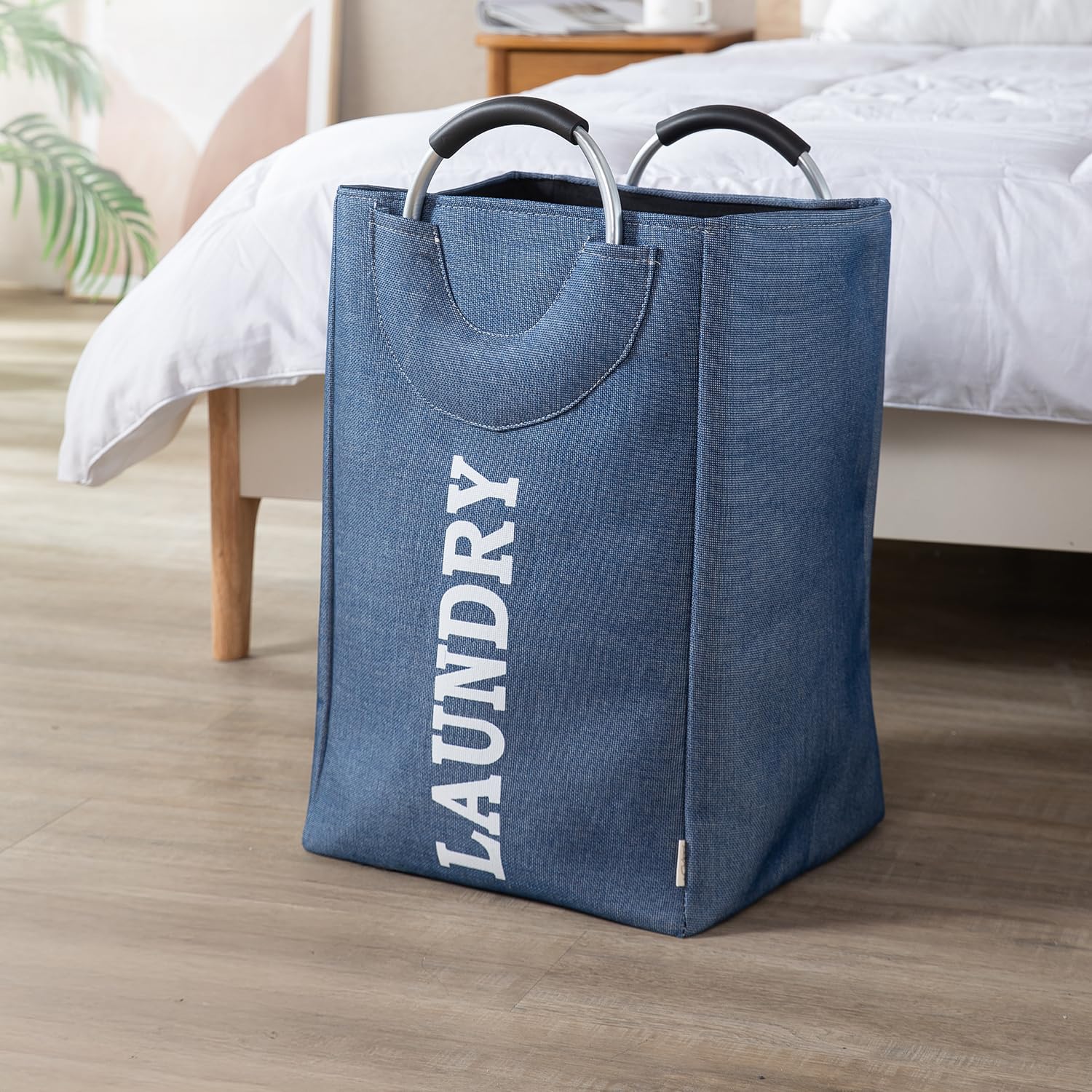 HOKIPO Folding Laundry Bag For Clothes, Round Collapsible Rectangular Storage Basket, 40 Ltr, Blue - Ar2651, Fabric, 32 Cm-image-20