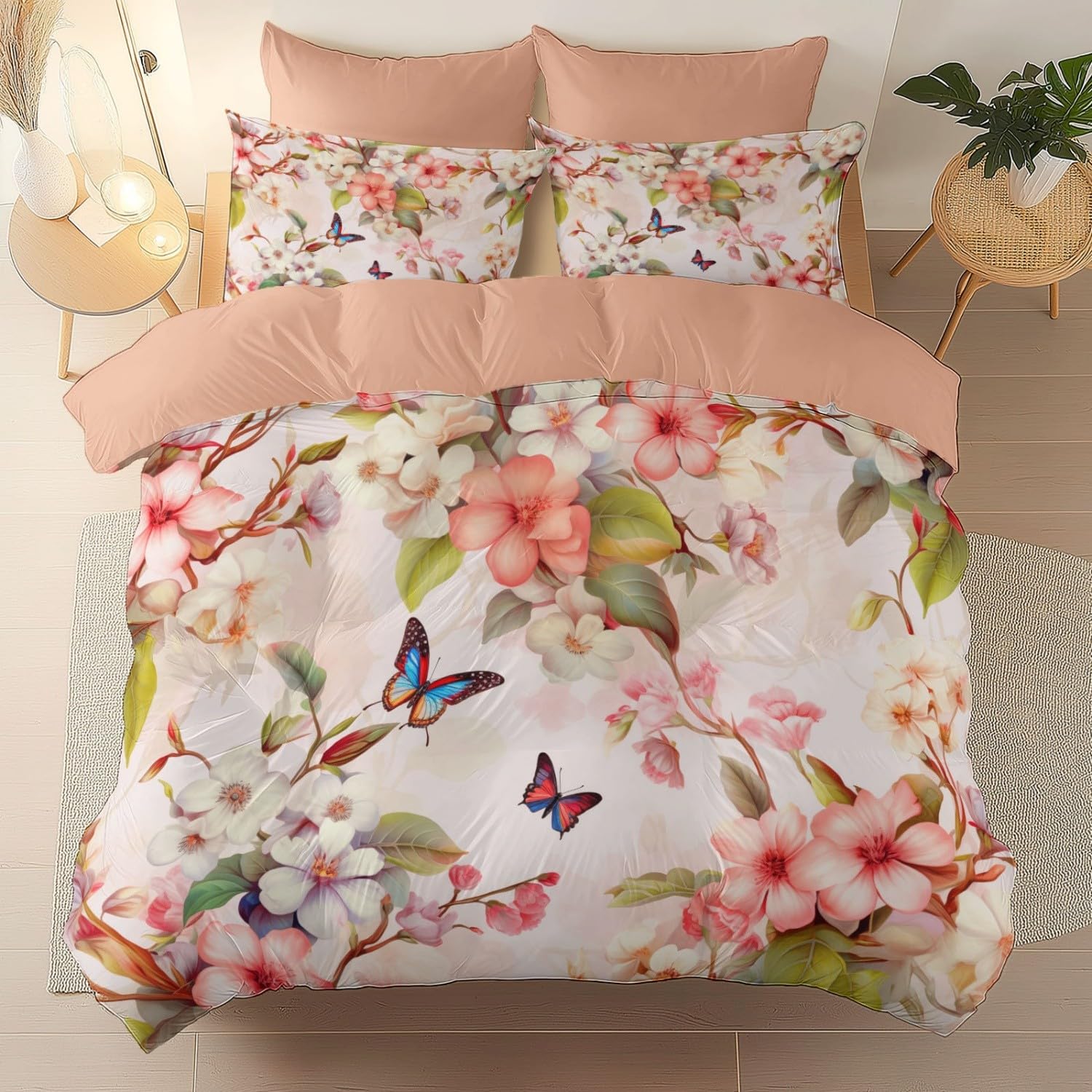 Set copripiumino matrimoniale con stampa retrò con foglie, fiori e farfalle, arancione chiaro, in microfibra spazzolata, ipoallergenico, morbido, reversibile, con 2 federe